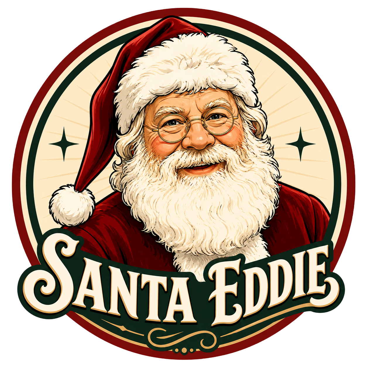 Illustration of Santa Eddie, a jolly man with a white beard, glasses, and a red Santa suit with a white fur trim, wearing a Santa hat, with the text 'Santa Eddie' below him in a festive font, inside a circular holiday-themed design.