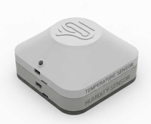 A small, white, square device with a top logo of a hand in a circle, labeled with temperature and humidity sensors.