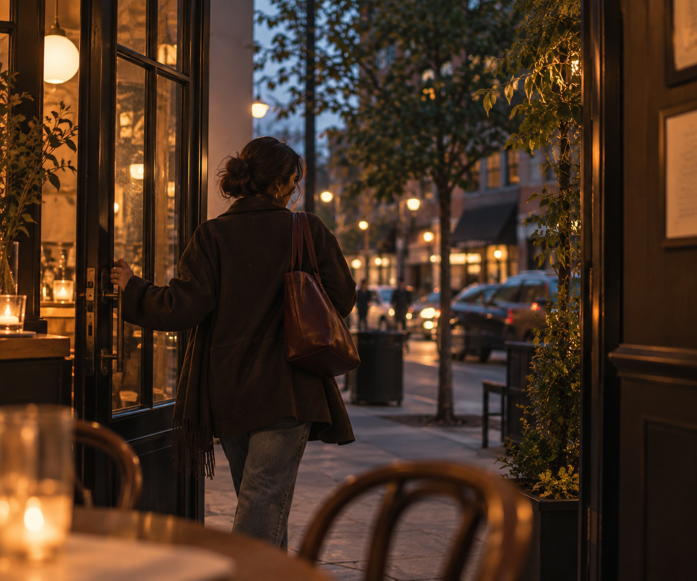 A person with a brown bag entering a warmly lit cafe at dusk, with wet streets and parked cars outside.