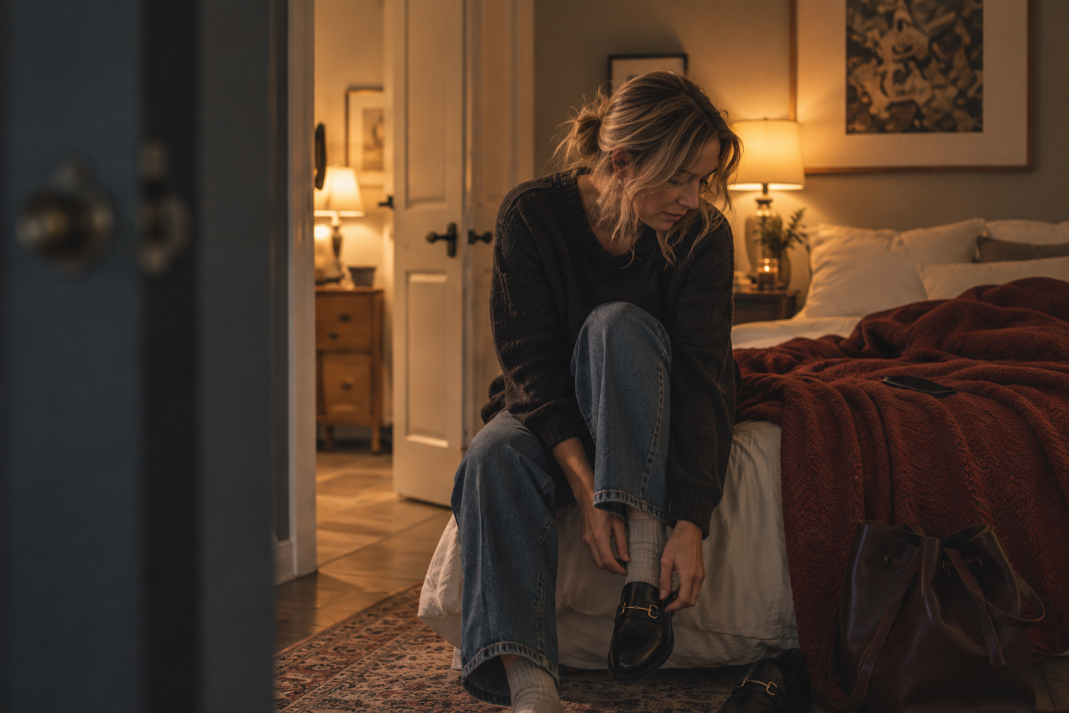 Woman sitting on edge of bed putting on a shoe in a cozy bedroom with warm lighting, a bedside table with a lamp, and artwork on the wall.