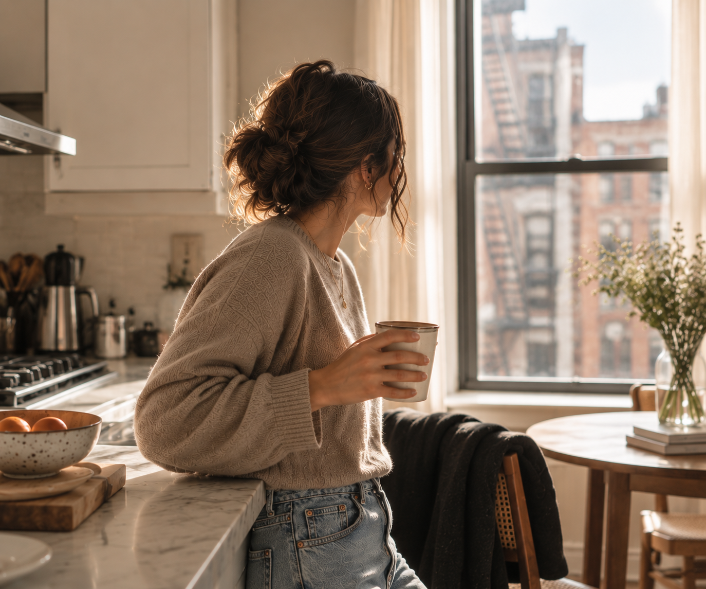 A woman with curly hair tied in a messy bun, wearing a beige sweater and jeans, standing in a sunlit kitchen and holding a mug, with a window revealing an urban cityscape outside.