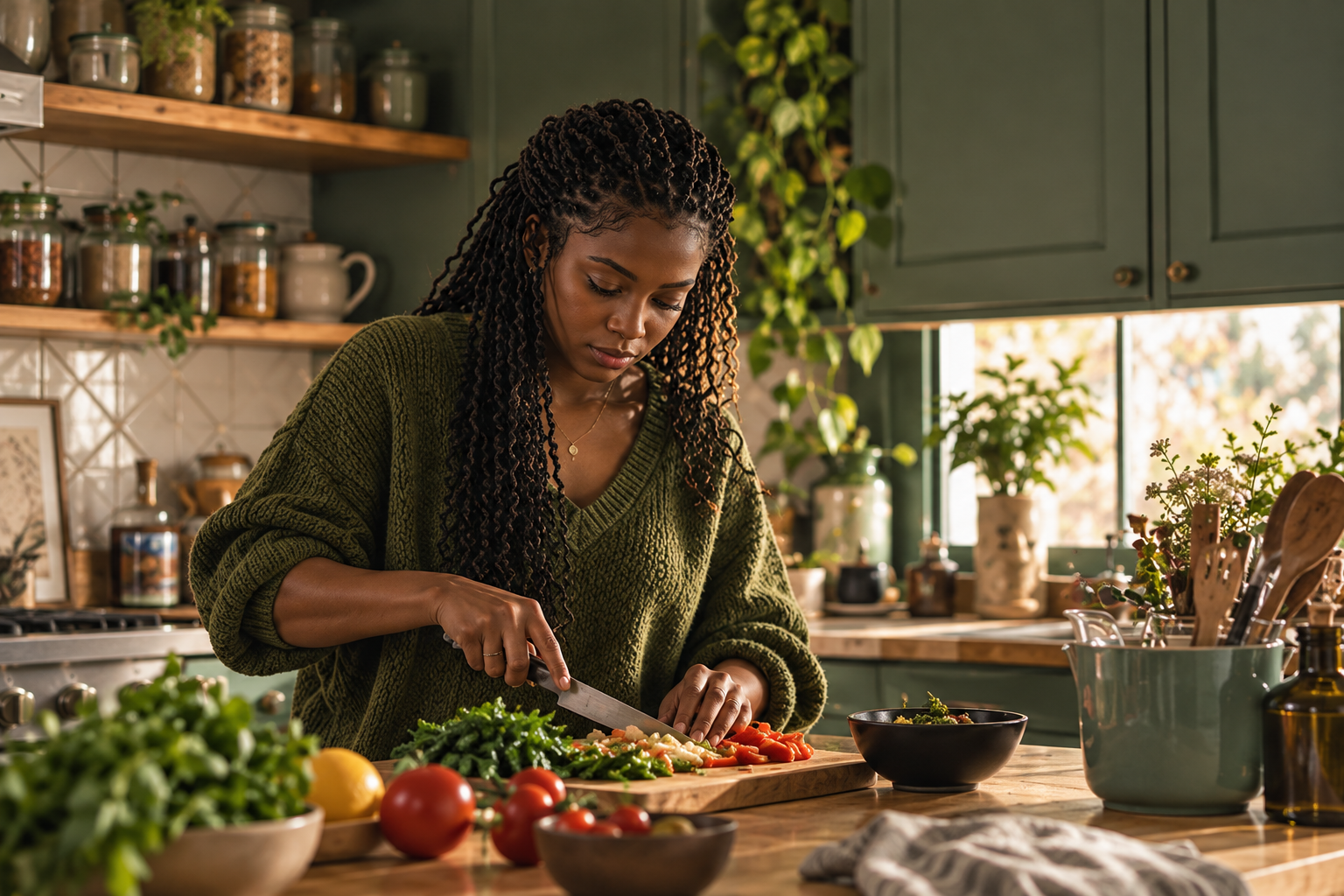A woman with long braided hair wearing a green sweater chopping vegetables on a wooden cutting board in a cozy, well-lit kitchen with green cabinets and shelves filled with jars and plants.