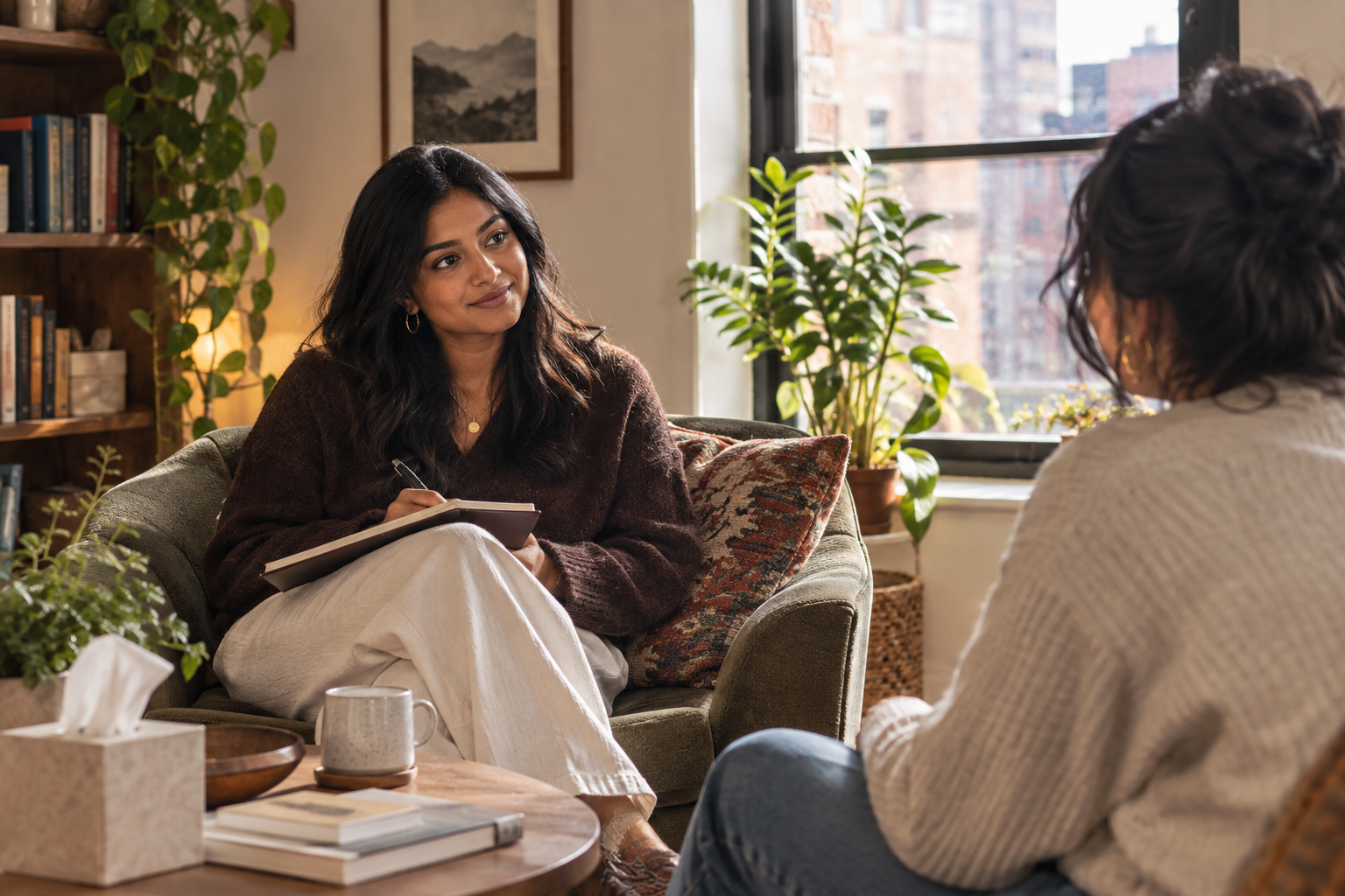 A woman with long dark hair sitting on a couch, listening to another person who is partially visible. The woman is holding a notepad and pen, with a calming expression. The setting is a cozy room with plants, a bookshelf, and a window letting in natural light.