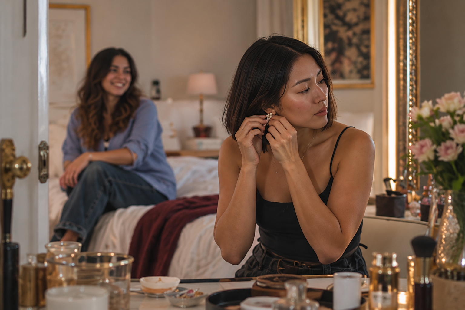 Two women in a bedroom, one sitting on the bed and the other putting on earrings, surrounded by makeup and skincare products.
