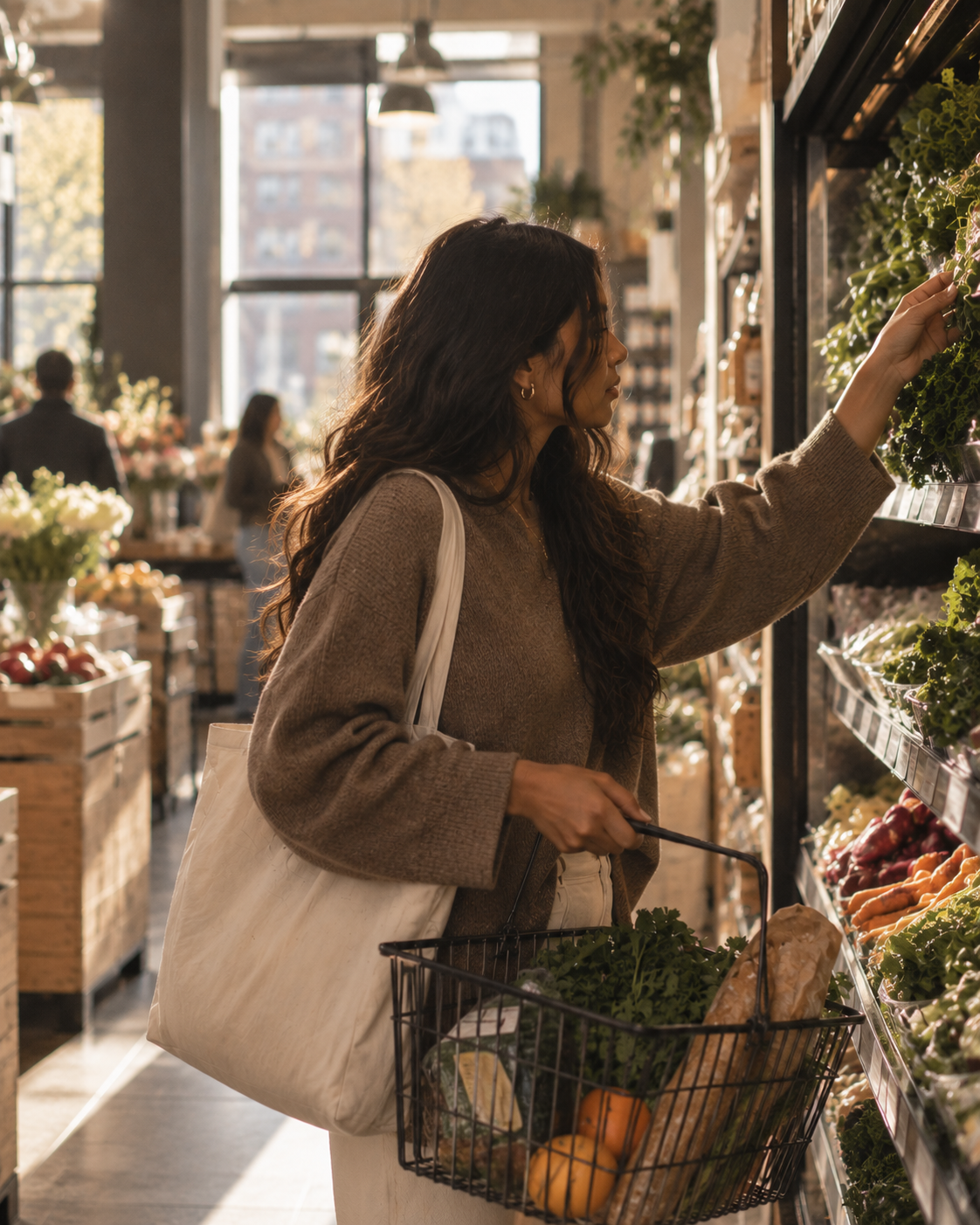 Woman shopping for vegetables at a grocery store, holding a shopping basket with produce, reaching for greens on the shelf.