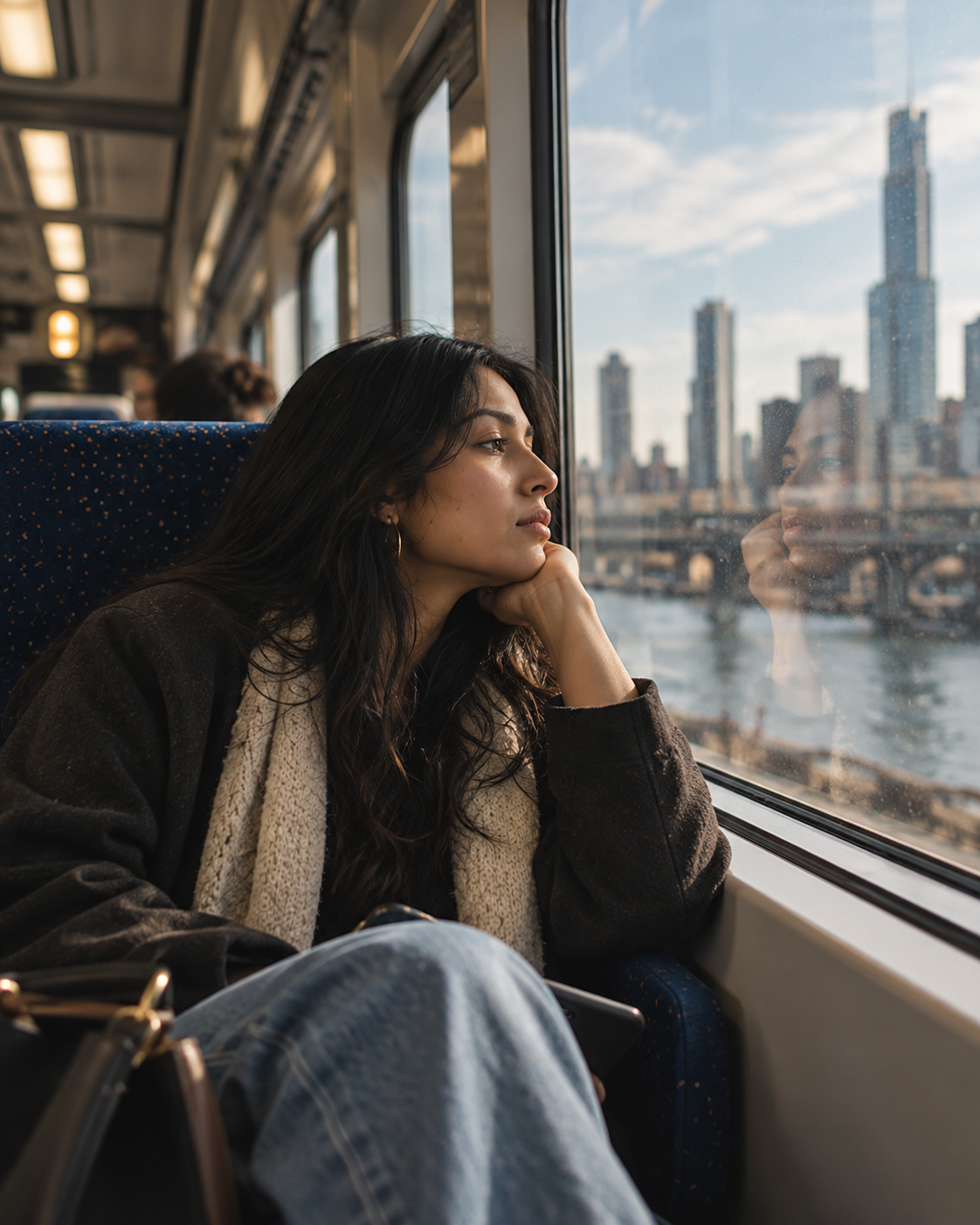 A woman sitting on a bus looking out the window, with her hand resting on her chin and a cityscape with tall buildings and a river outside.