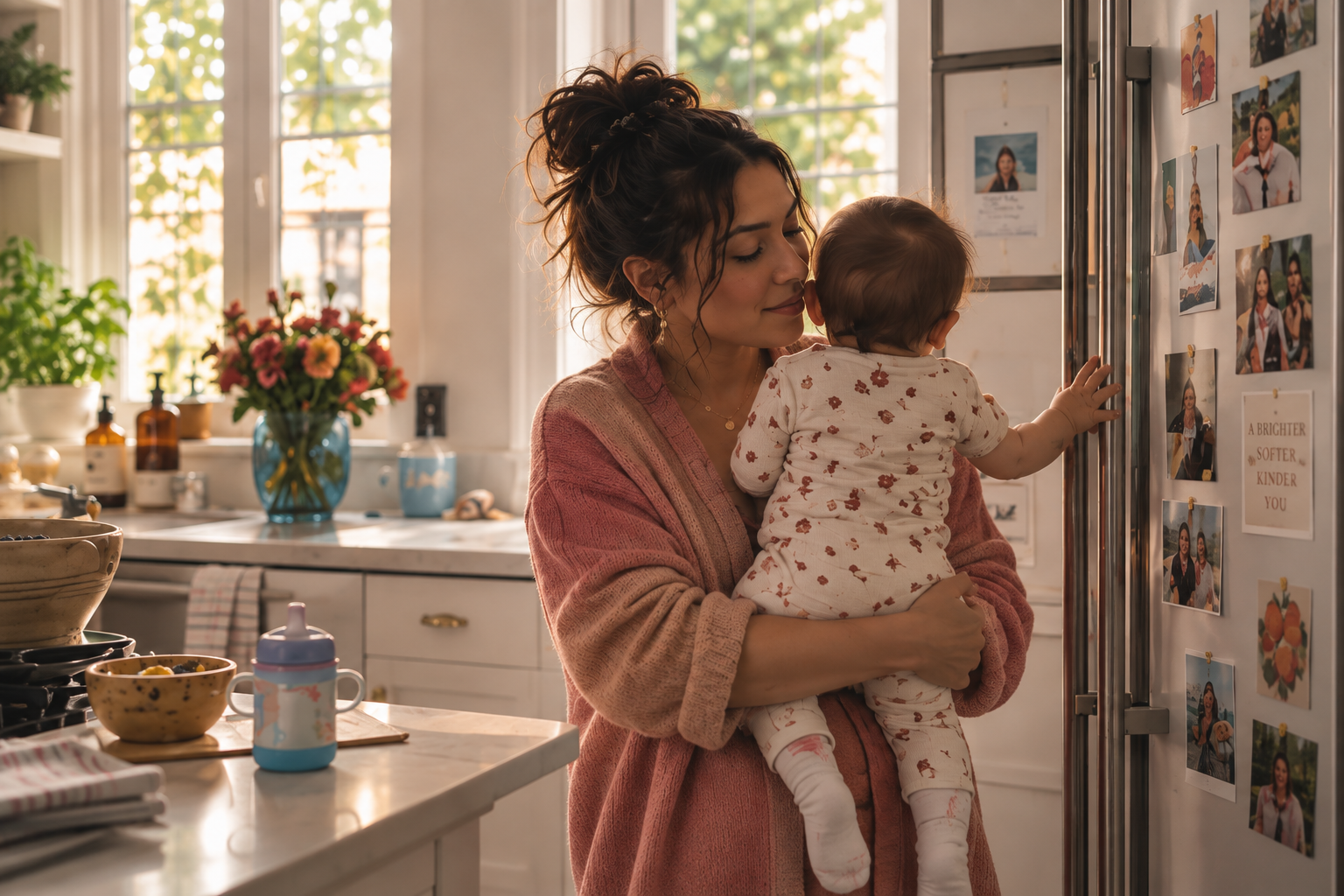 Mother holding a baby near a refrigerator with photos and notes attached, in a cozy kitchen with sunlight streaming in.