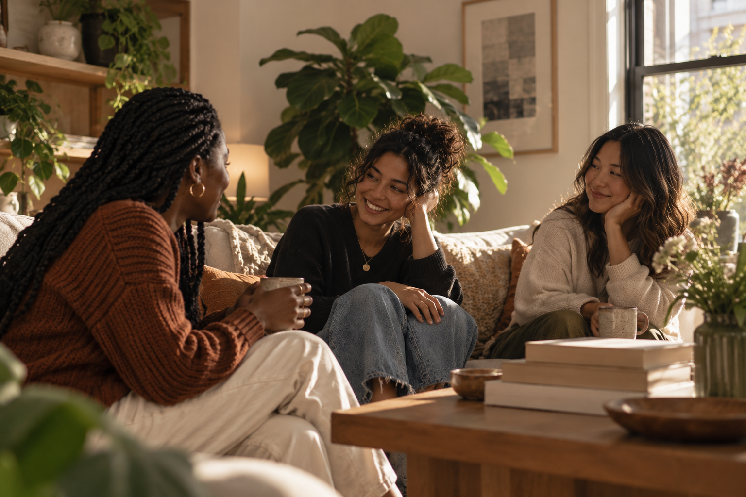 Three women sitting on a couch in a cozy living room, engaged in conversation, with houseplants and sunlight streaming through windows.