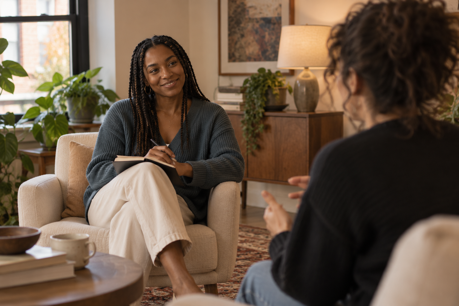 Two women having a conversation in a cozy, well-lit living room with plants, a lamp, and artwork on the wall.