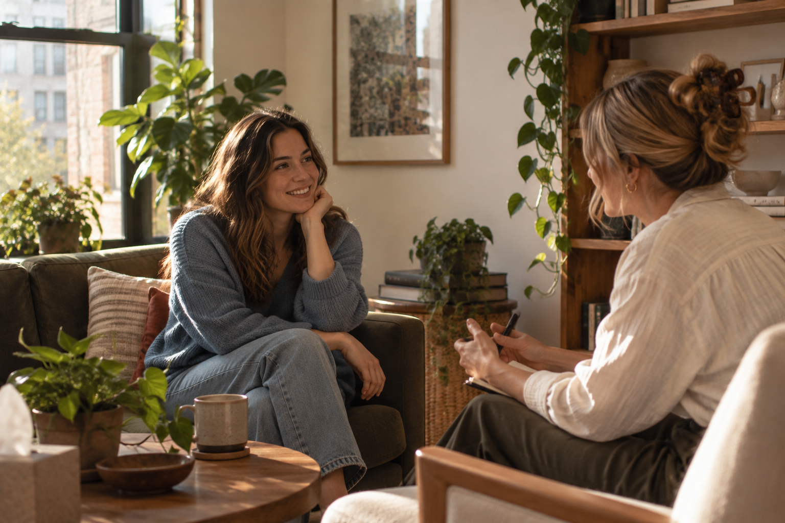 A woman with long, wavy brown hair smiling, sitting on a couch in a sunlit room, having a conversation with another woman with blonde hair tied back, taking notes.