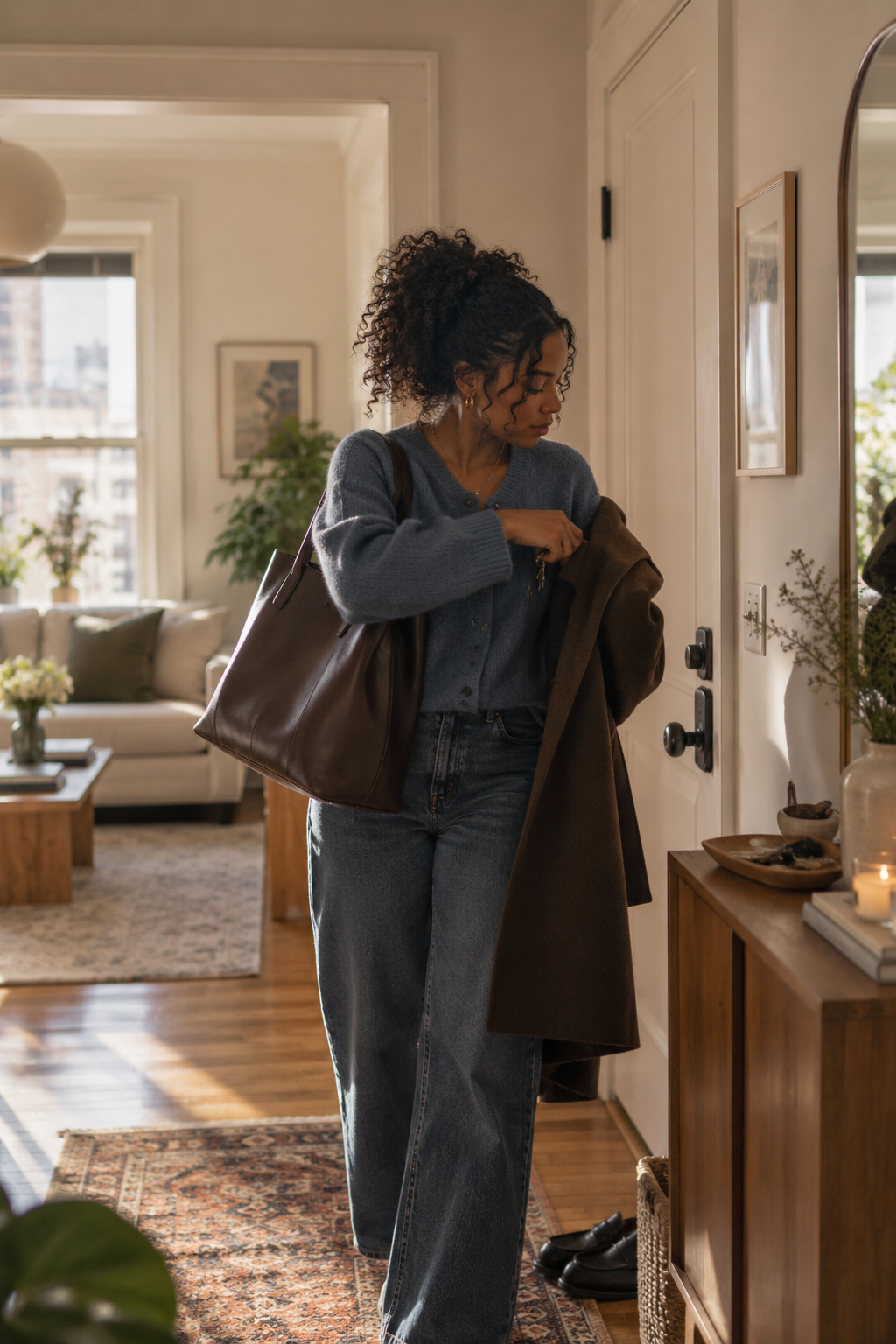 A woman with curly hair wearing a gray sweater and jeans is standing inside a cozy living room, opening a brown coat or jacket.