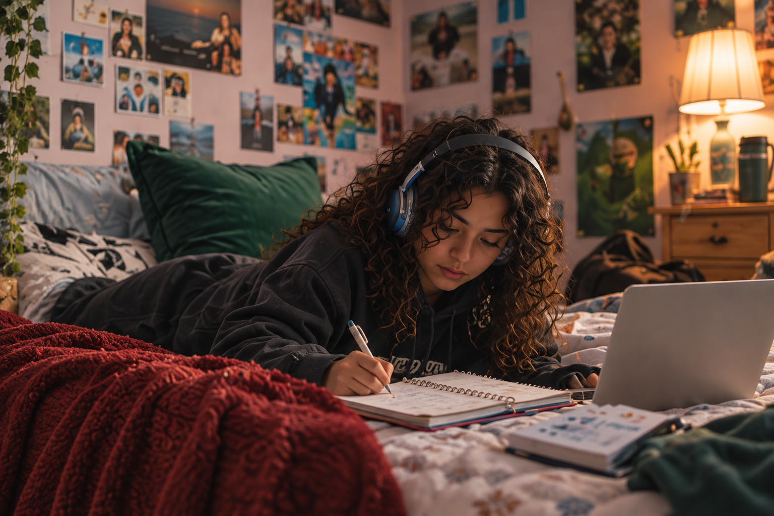 A young woman with curly hair and headphones lying on her stomach on a bed, studying with a pen and notebooks, with a laptop open nearby. The bedroom has photos and posters on the wall, a nightstand with a lamp, and a cozy, warm lighting.
