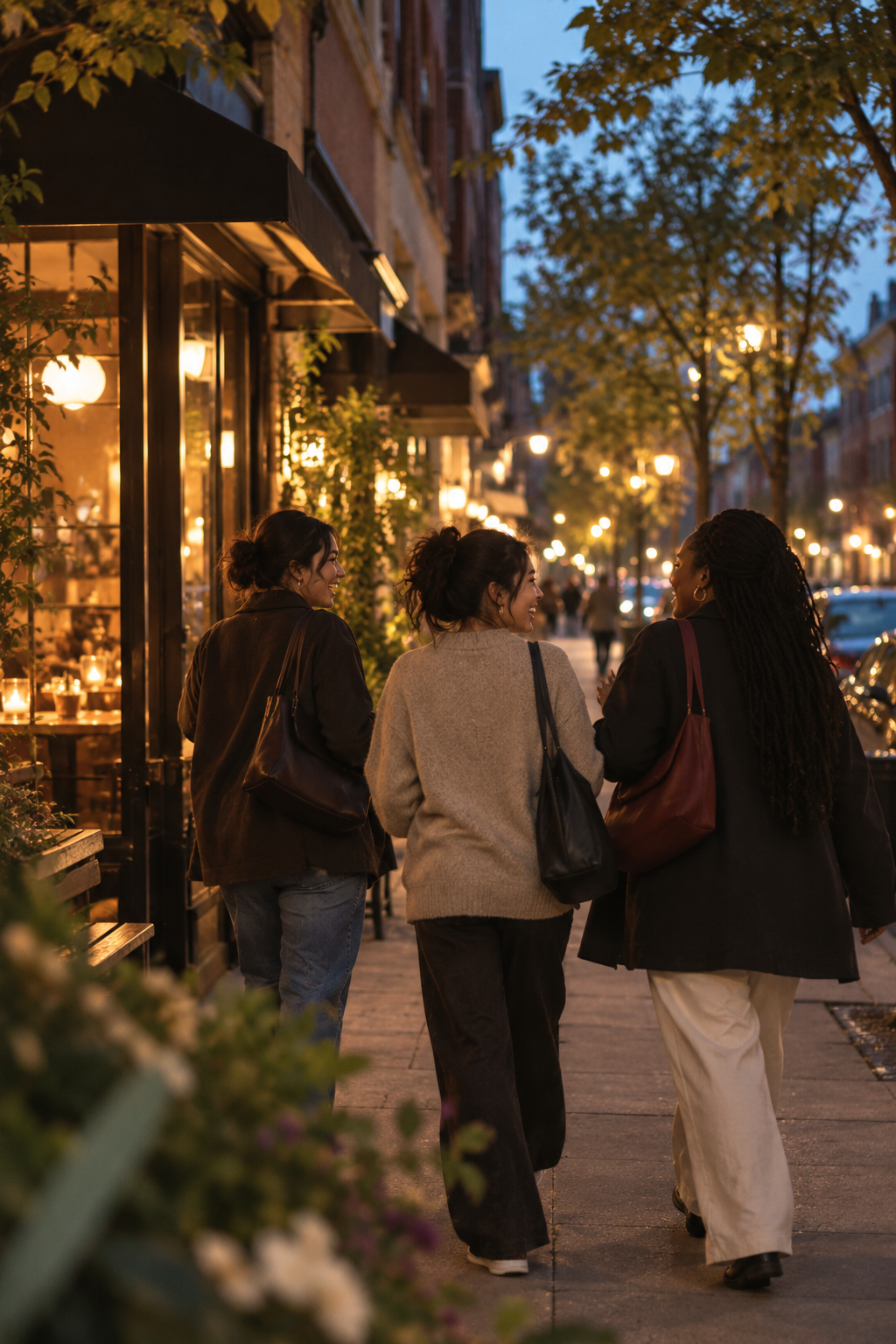 Three women walking and talking on a city street at dusk, illuminated by streetlights, with cafes and trees lining the sidewalk.