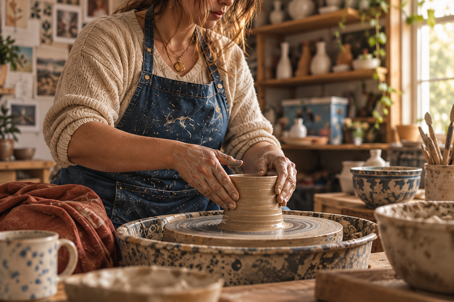 A woman is pottery making on a pottery wheel in a ceramics studio, surrounded by clay and ceramic bowls, with natural light coming through a window.