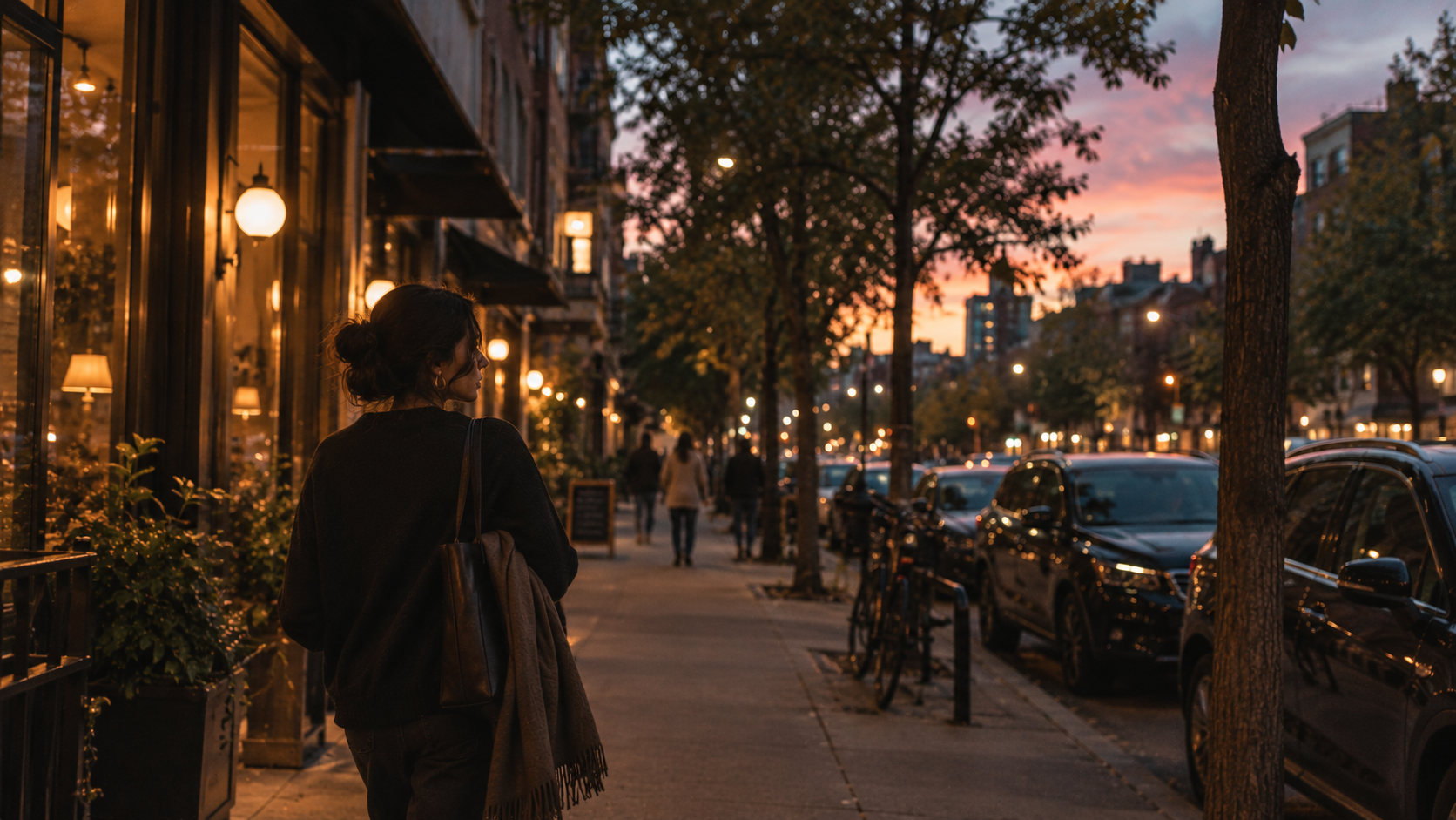 A woman with dark hair in a bun standing on a city sidewalk at sunset, looking to her left. She is carrying a black bag and an umbrella. The street is lined with parked cars, bicycles, trees, and lit street lamps, with buildings and a colorful sky in the background.