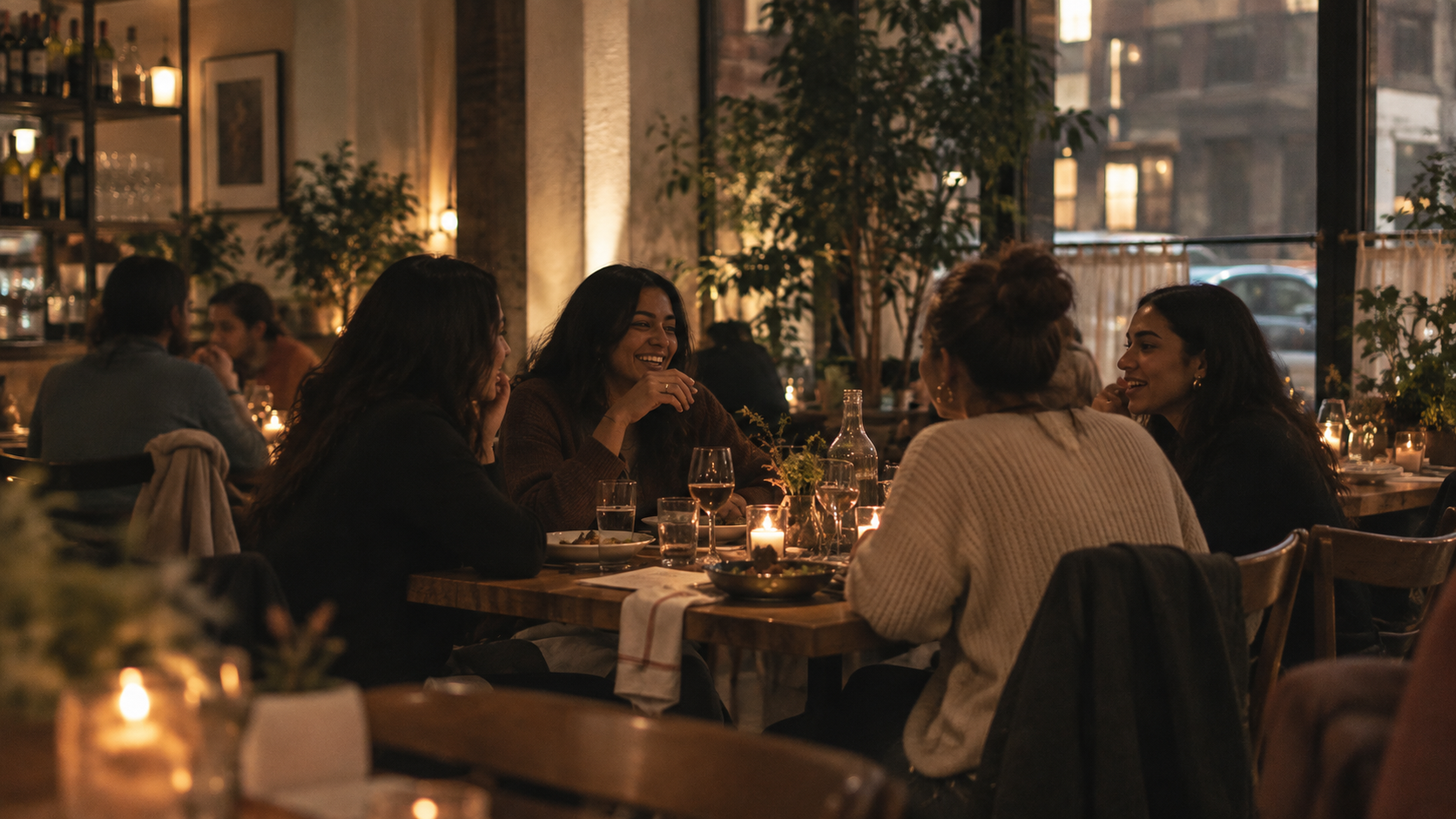 A group of four women sitting around a table in a cozy, dimly lit restaurant, smiling and engaging in conversation, with candles and plants on the table.