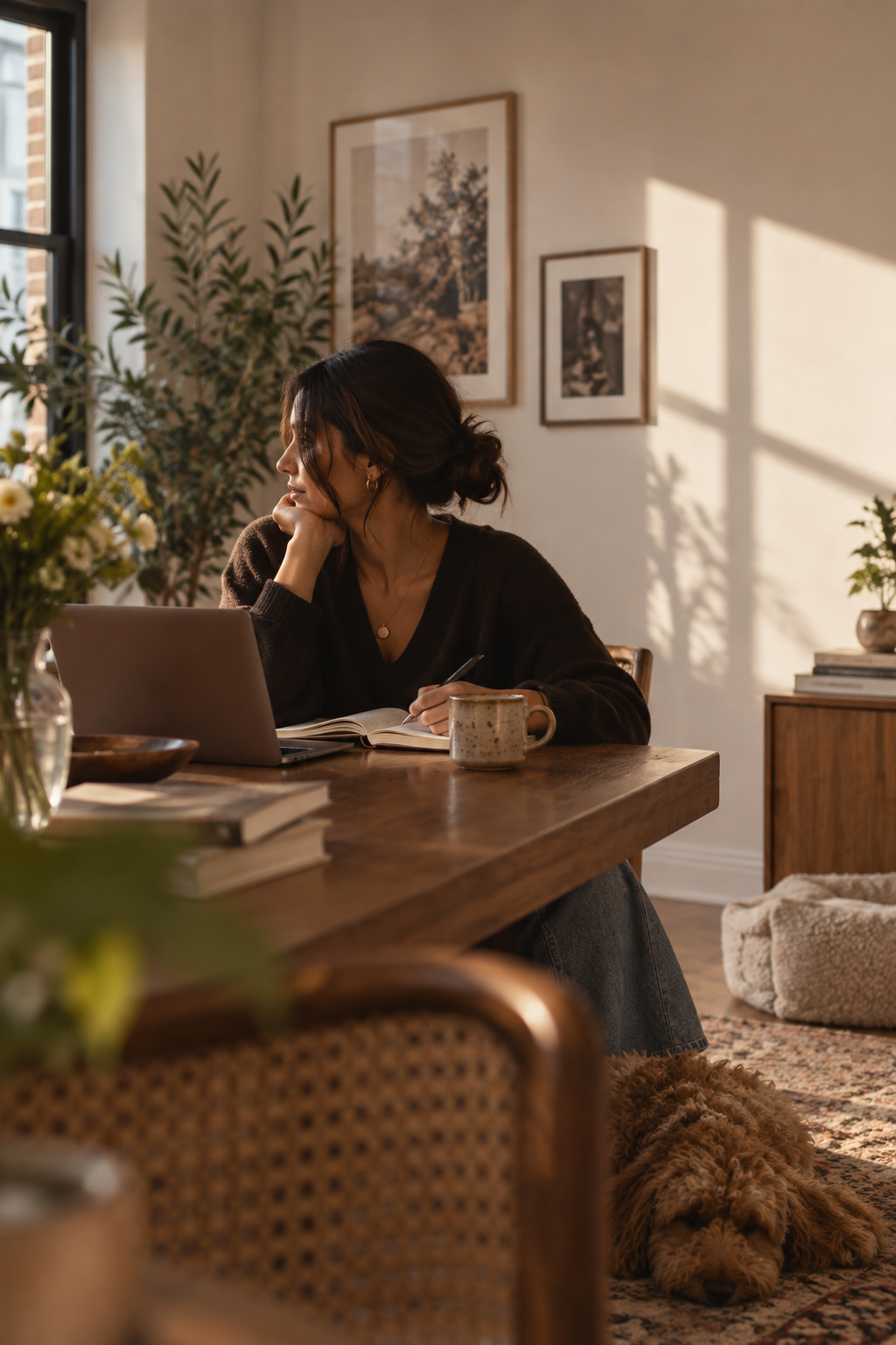 A woman with dark hair sits at a wooden table in a cozy, well-lit room, working on a laptop with a notebook and pen. She has a cup and some books on the table, with a dog lying on a rug nearby. The room features framed pictures on the wall, plants, and warm natural light.