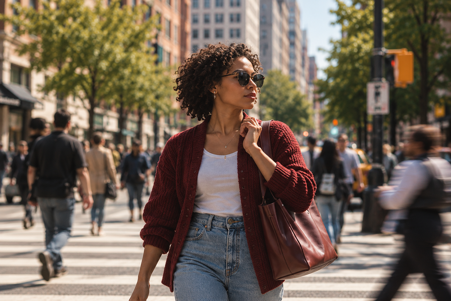 Woman with curly hair wearing sunglasses, a white top, red cardigan, and jeans, carrying a maroon bag, crossing a busy city street on a sunny day.