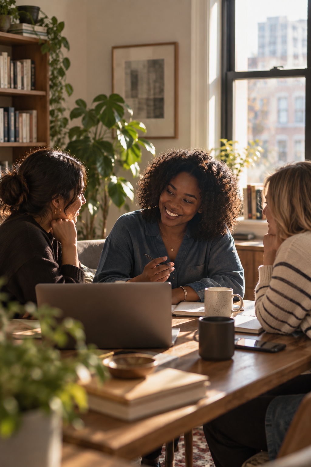 Three women engaged in conversation at a wooden table in a cozy, sunlit room with bookshelves, plants, and large windows.