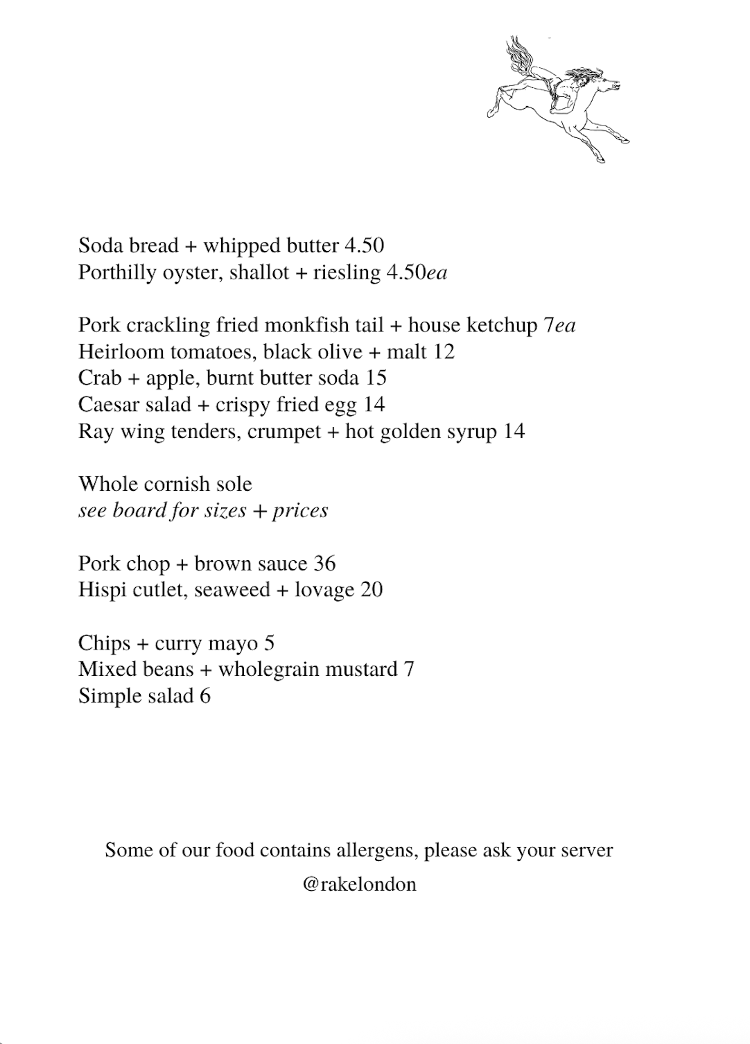 Restaurant menu featuring dishes such as soda bread, oyster, monkfish tail, crab, Caesar salad, chicken tenders, whole cornish sole, pork chop, seafood platter, chips, mixed beans, and salad, with a small sketch of a running horse in the top right corner.