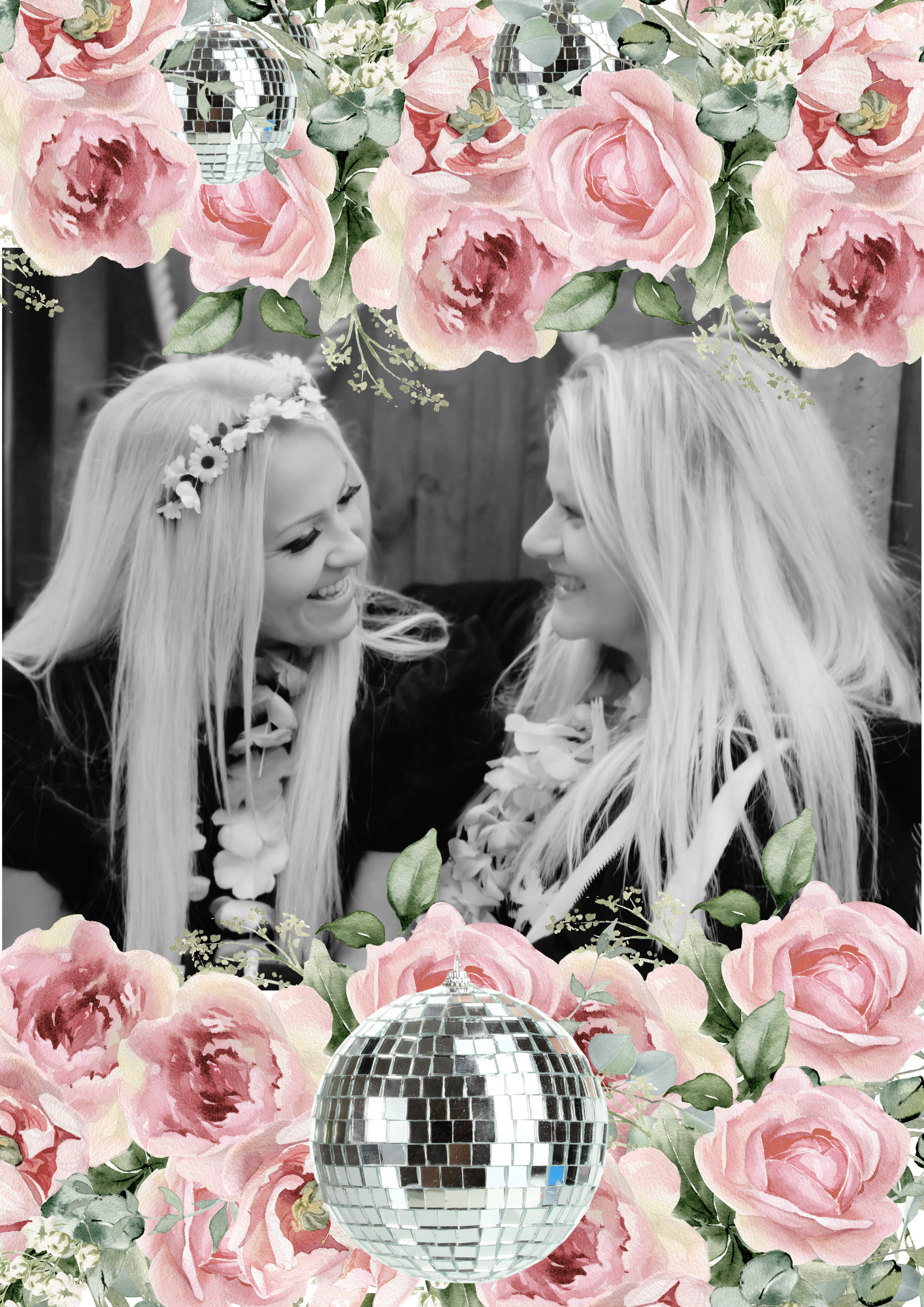 A black and white photo of two women smiling and looking at each other, with floral decorations and disco balls over their heads and a floral border around the image.