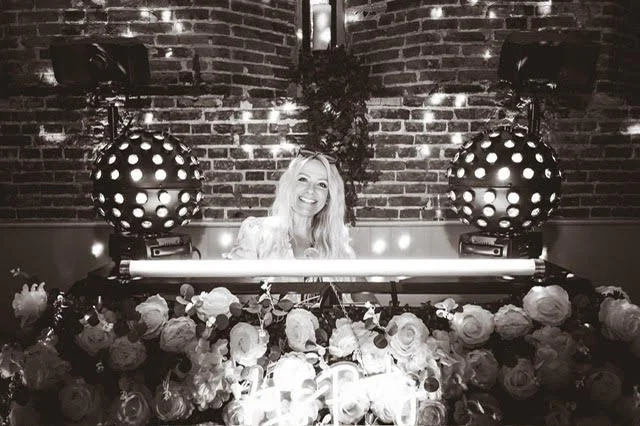 Claire with her favorite deluxe flower booth DJ set up at Elms Barn, Suffolk