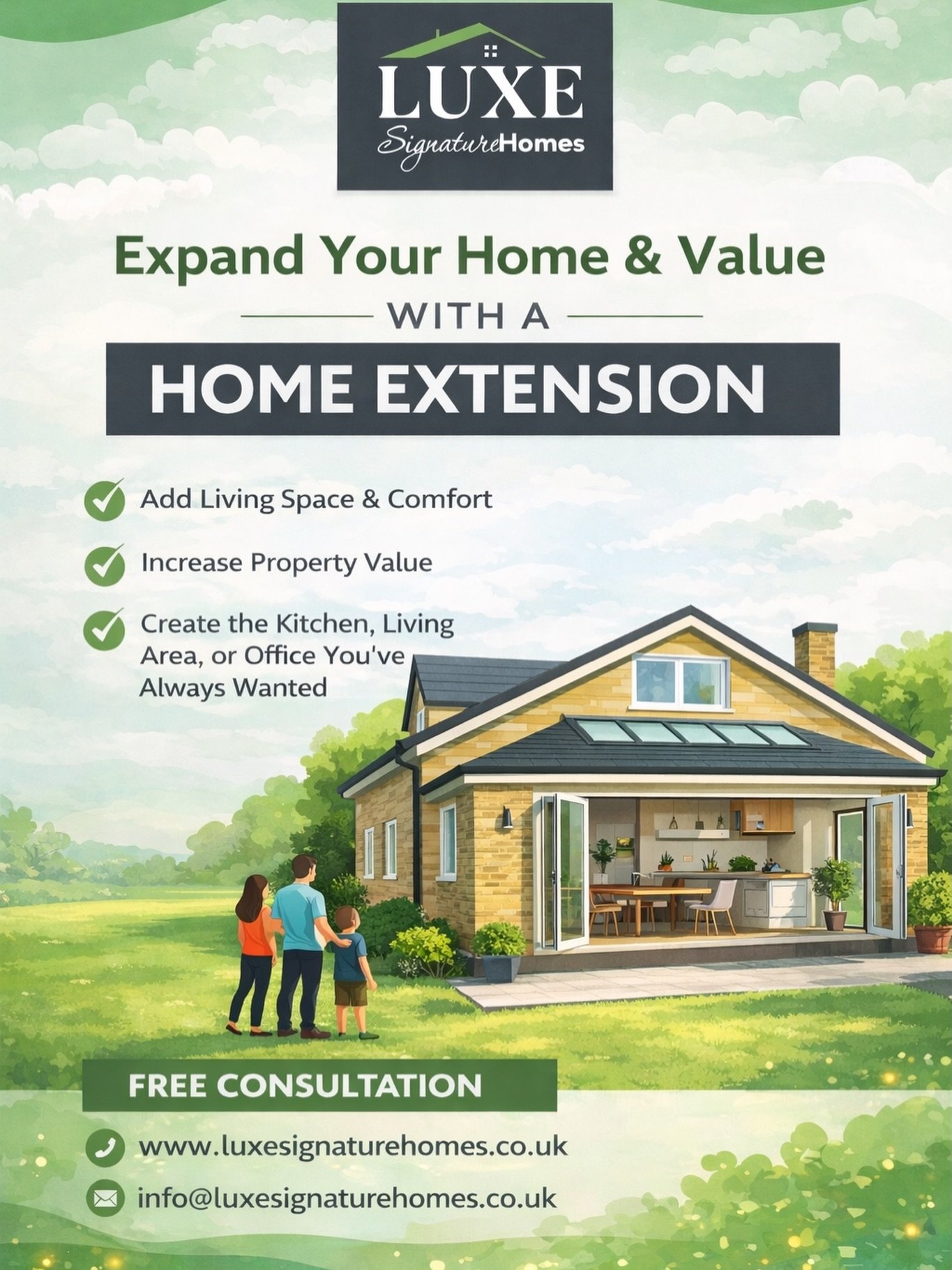 Dreaming of more space without the stress of moving?

A bespoke home extension can completely transform how you live &mdash; whether it&rsquo;s a larger kitchen, open-plan family area, or a space designed around your lifestyle.

At Luxe Signature Hom