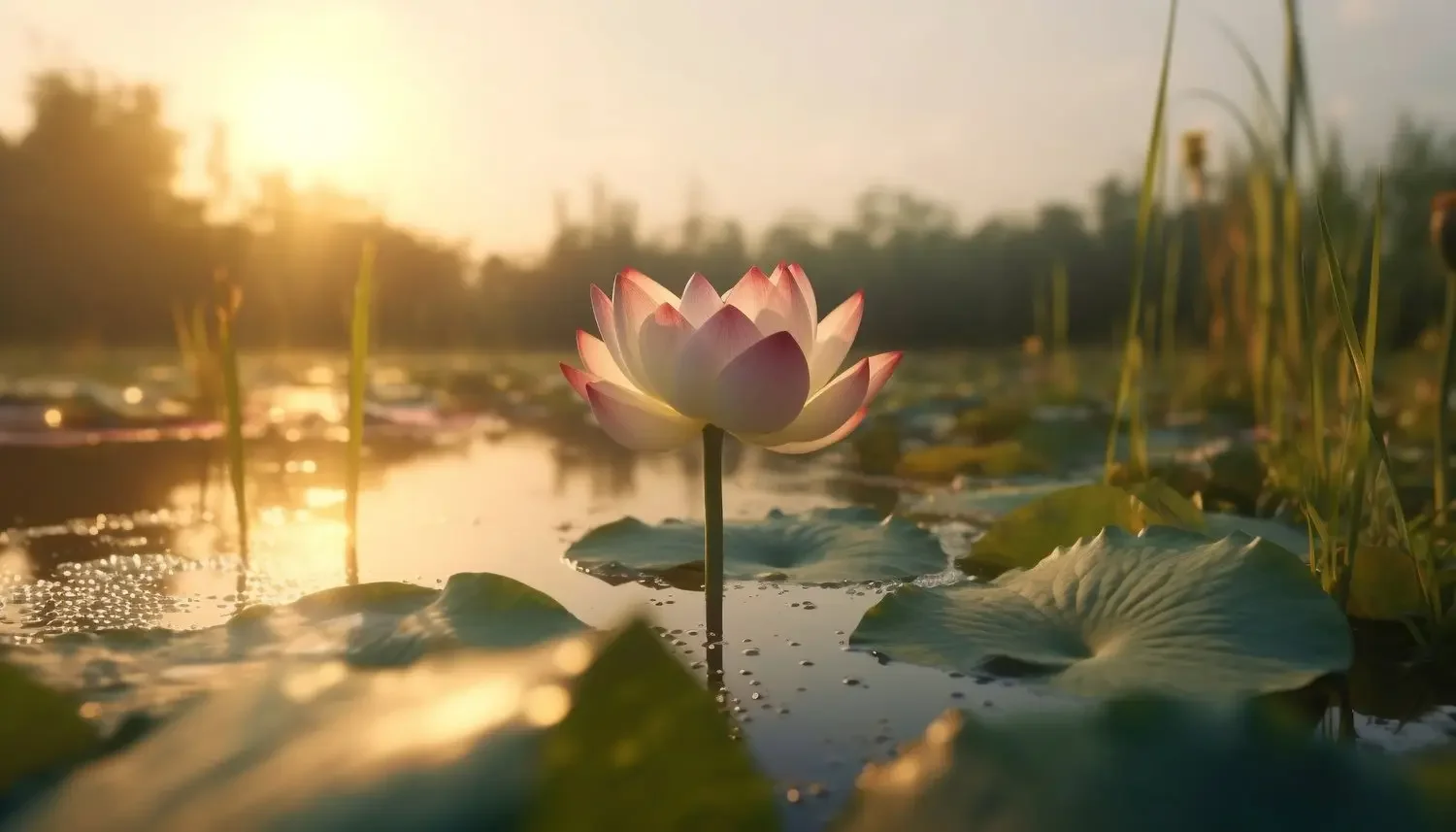 A pink and white lotus flower blooming on a pond at sunrise, with green lily pads and tall grass on the edges.