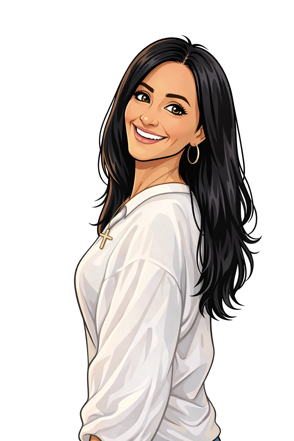 Illustration of a smiling woman with long black hair, wearing a white shirt, gold hoop earrings, and a gold cross necklace, against a black background.