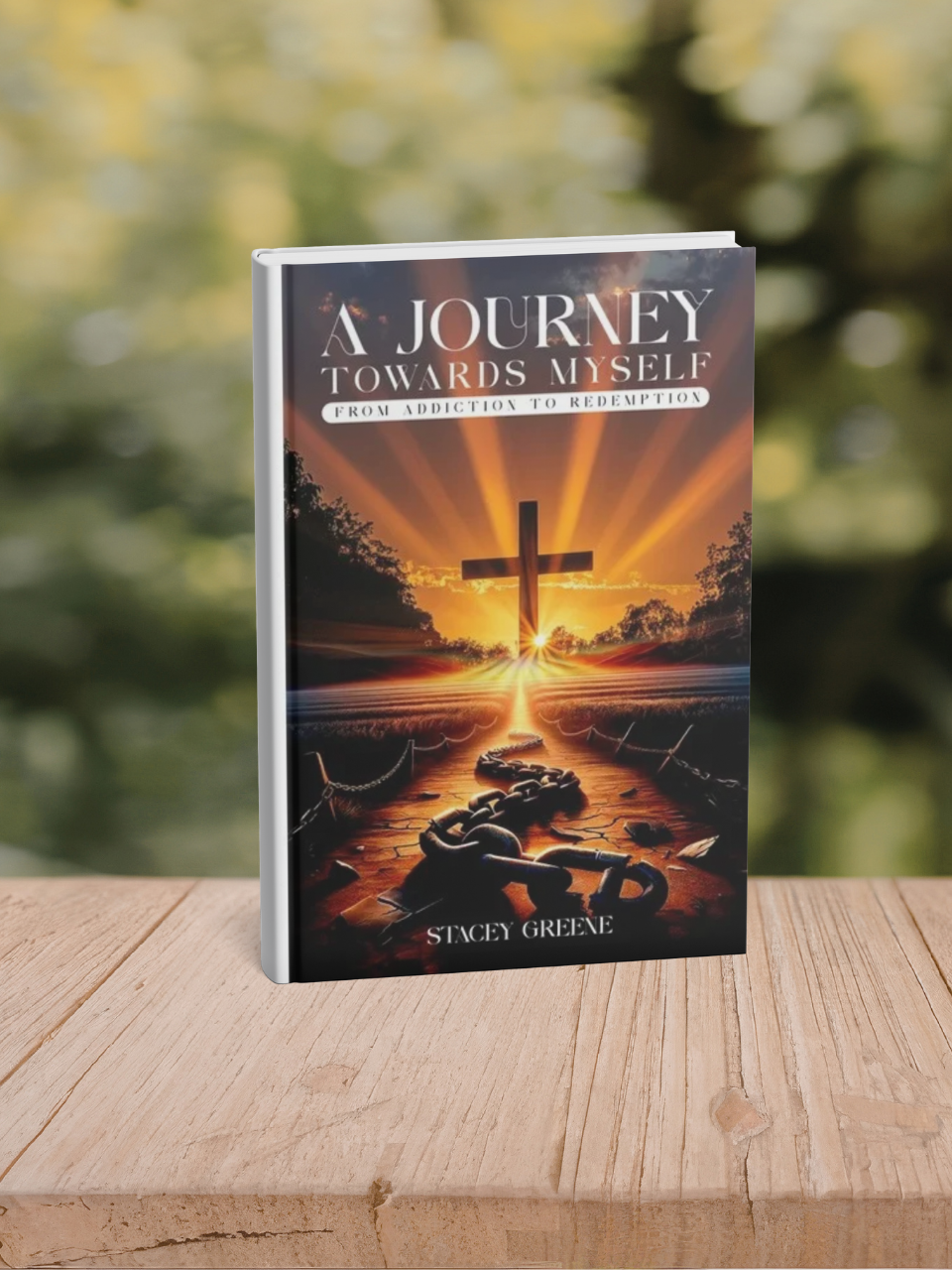 Book titled 'A Journey Towards Myself' by Stacey Greene with cover art of a cross illuminated by a sunset or sunrise, chains and a paved path leading towards the cross, set outdoors with trees and a sunset sky.
