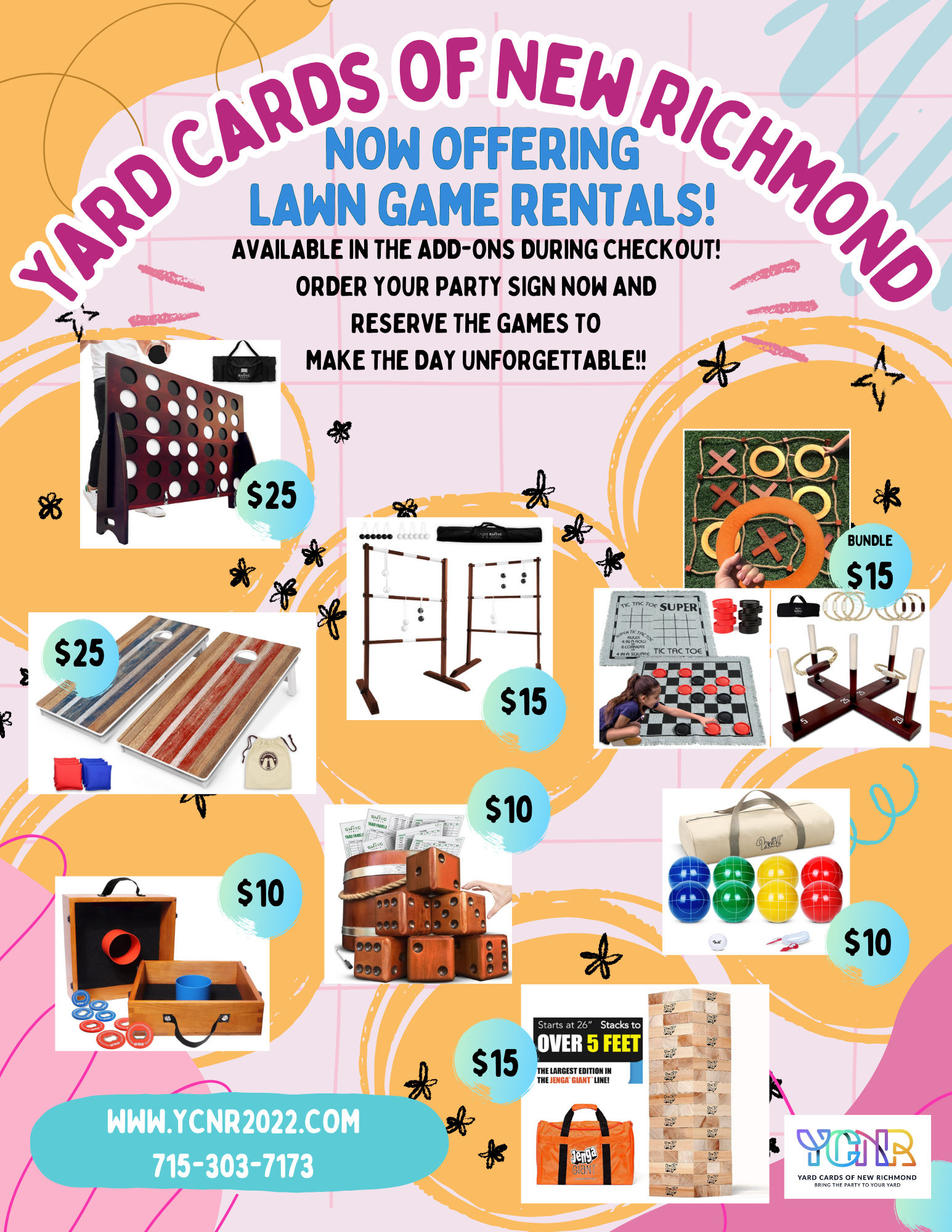 Yard Cards of New Richmond lawn game rental options, including giant Connect Four, cornhole, and other outdoor party games.