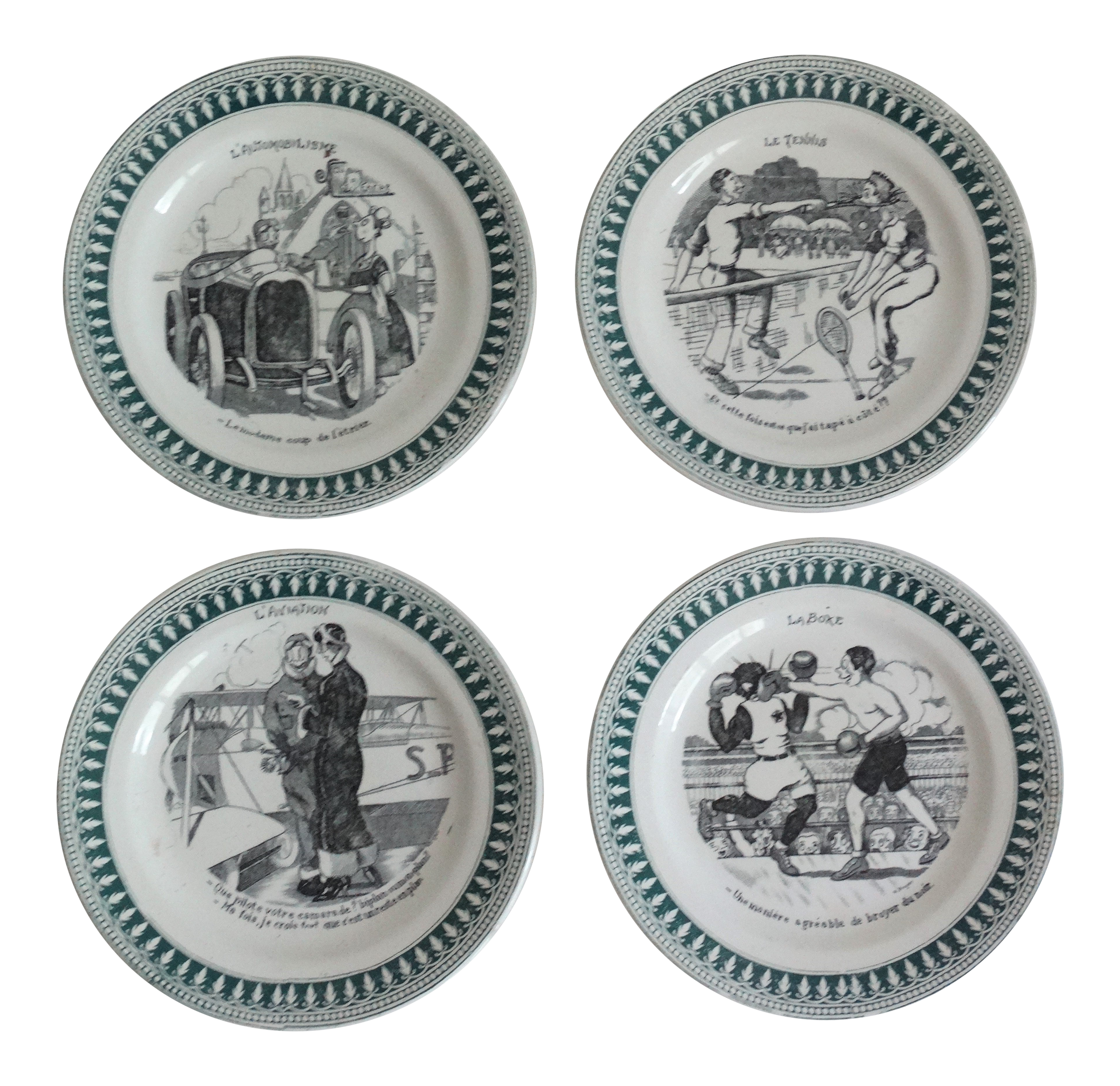 Set of Four 1920s Vintage French Sporting Humorous Faience Plates