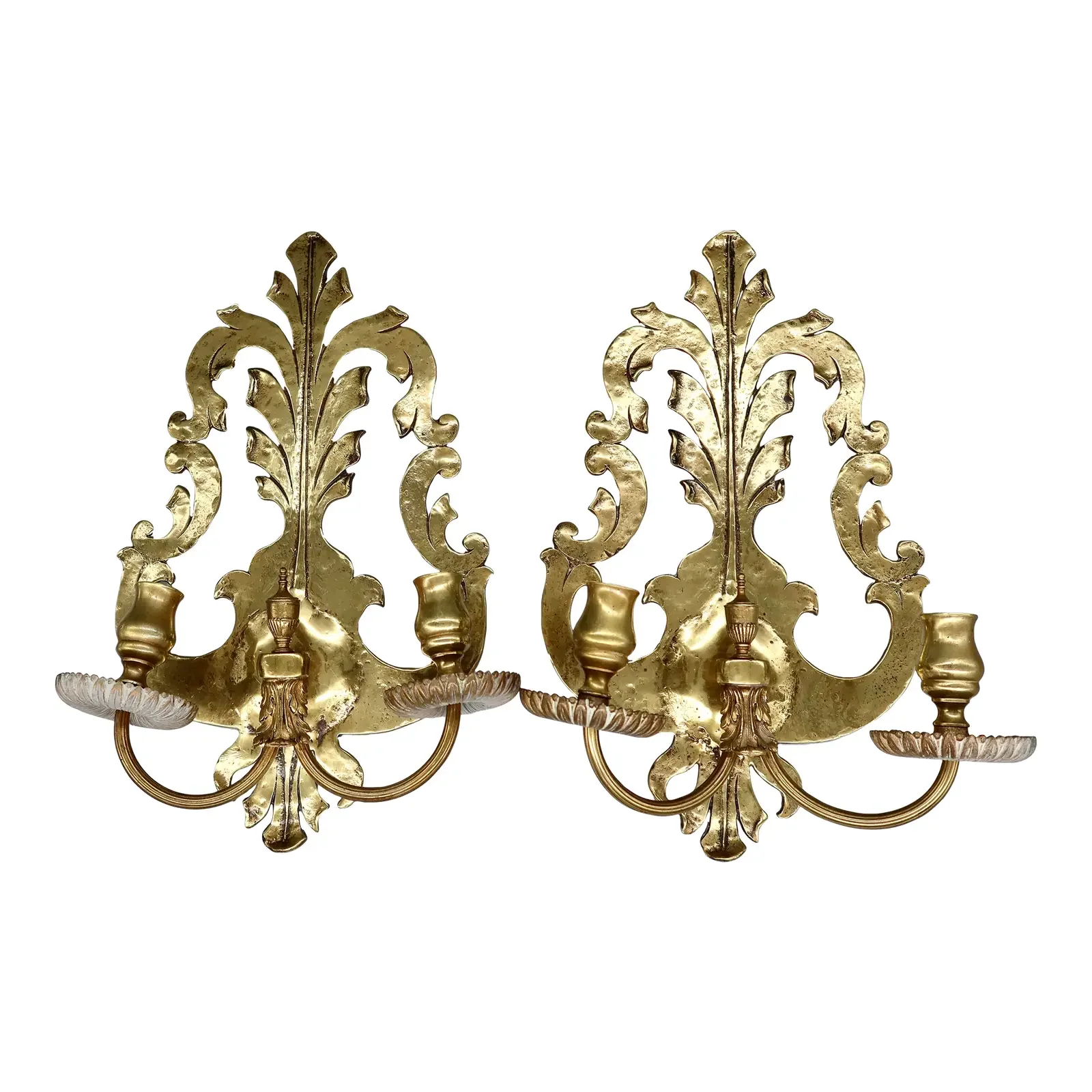 Pair of Solid Brass Two-Arm Rococo Revival Candle Wall Sconces