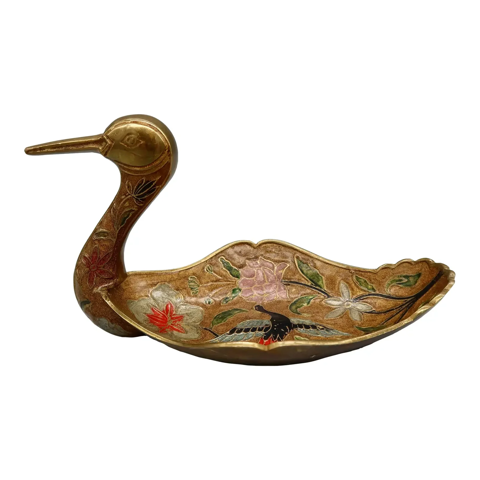 Vintage Brass Champleve Enamel Duck Vide-Poche