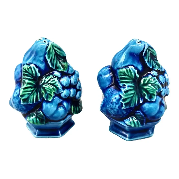 Mid-Century Inarco Blue Mood Indigo Majolica Fruit Topiary Salt & Pepper Shaker Set