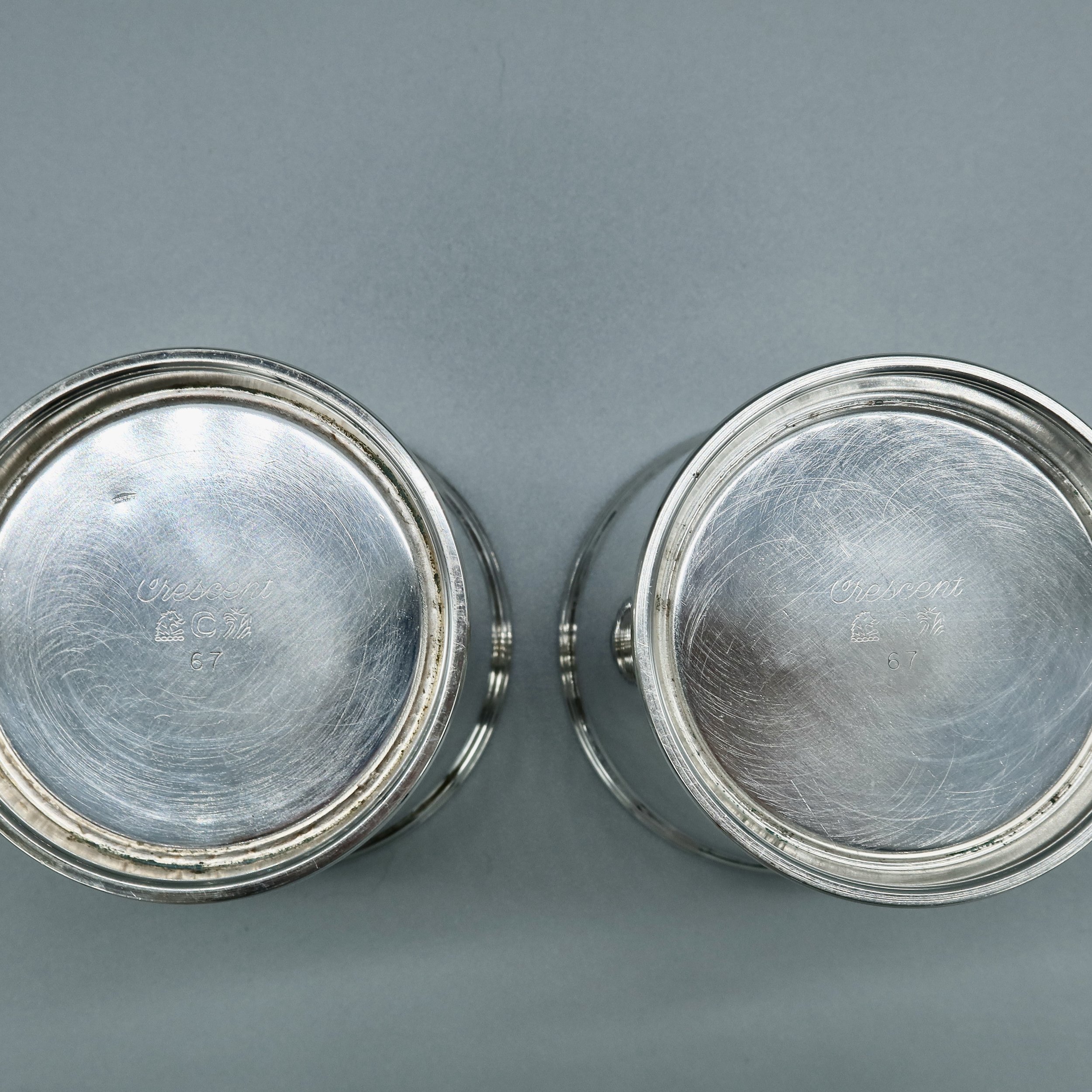 Pair of silverplate mint julep cups engraved “KENTUCKY DERBY 1973” on the exterior, with maker’s mark on the underside. Located in Austin, Texas.