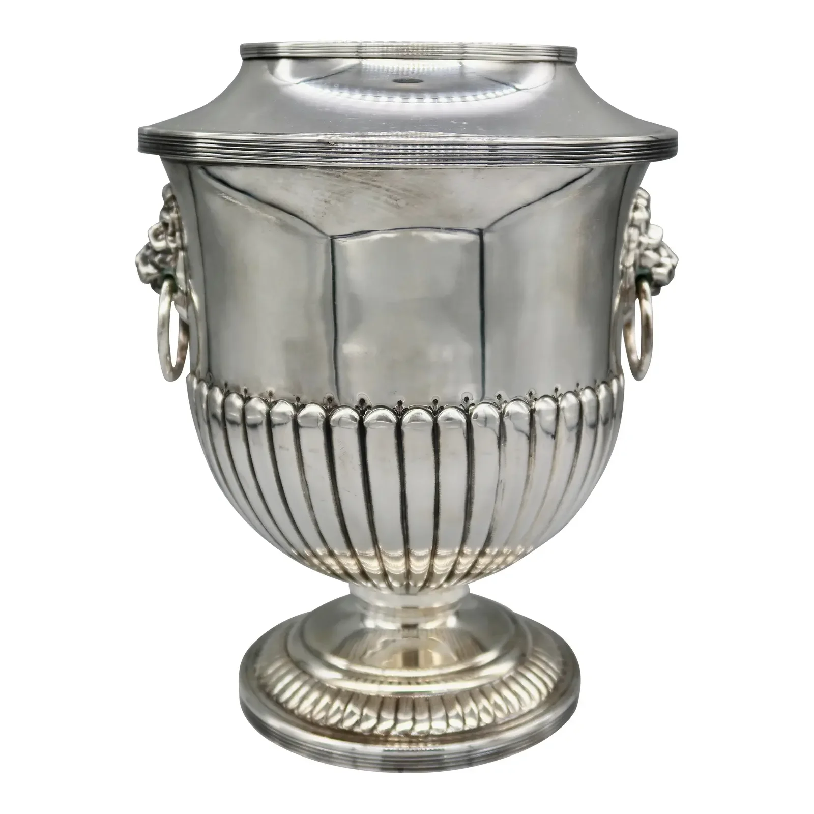 Antique English Silver Plate Champagne Bucket With Lion Mask Ring Handles, Hand Chased