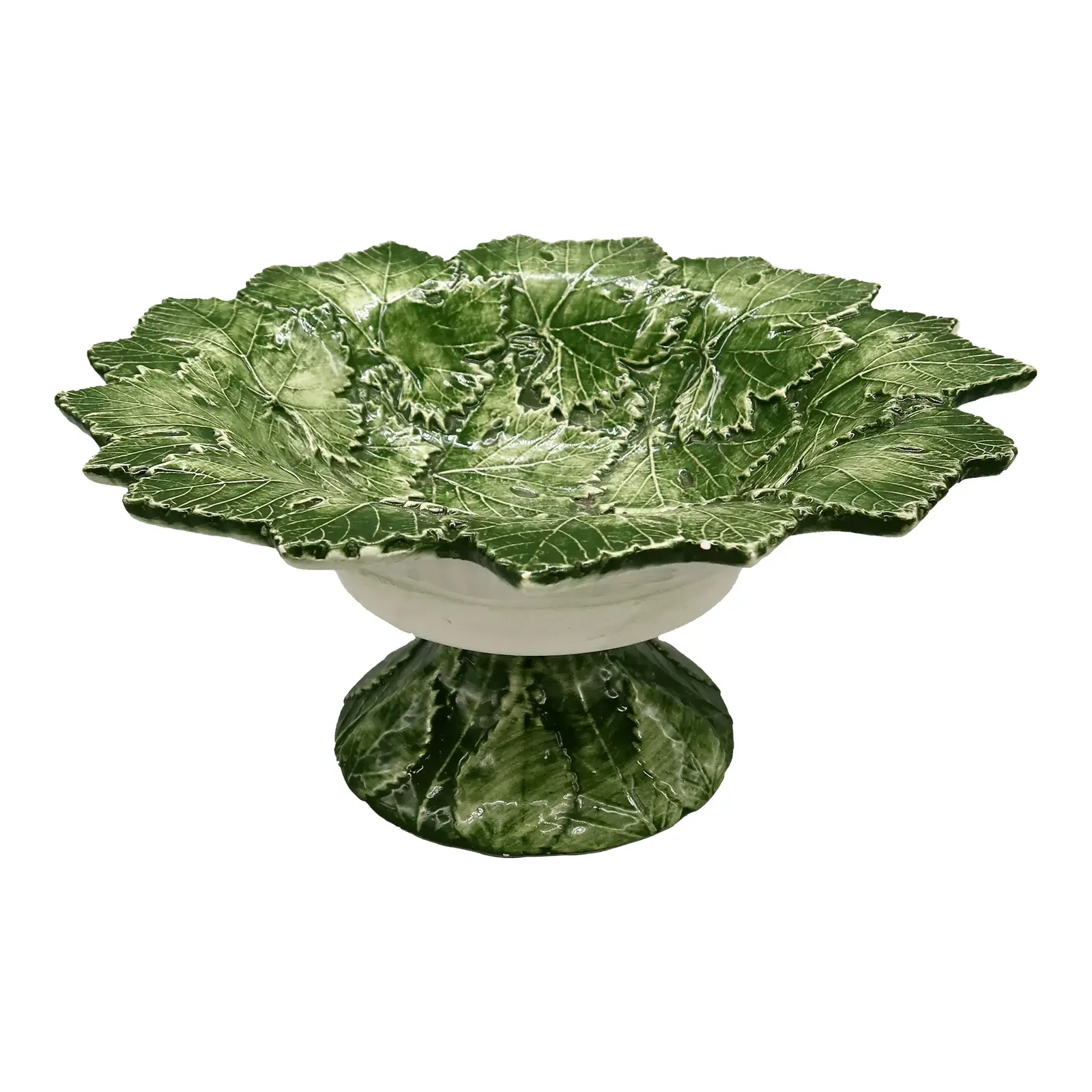Vintage Italian Bassano Majolica Green Leaf Pedestal Compote Bowl