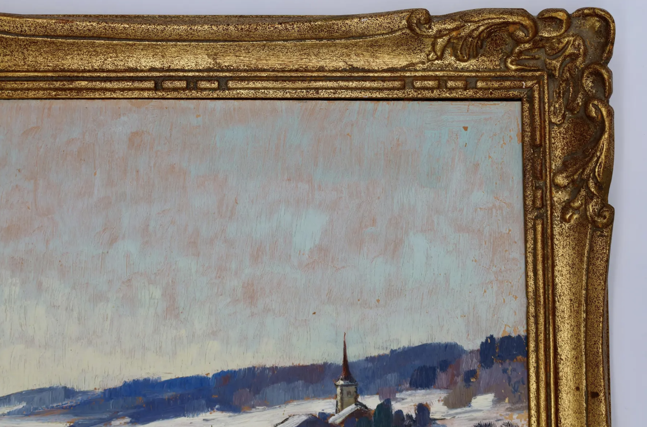 Original Swiss oil painting signed Henri Sandoz 1949, featuring a winter village scene. Located in Austin, Texas.