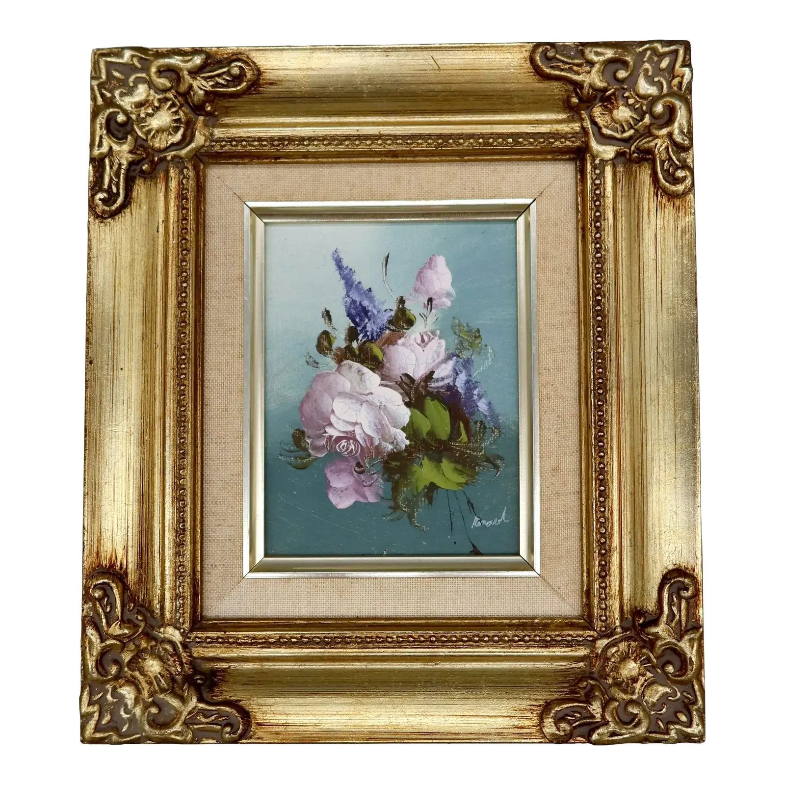 Vintage French Oil Painting — Signed, Floral Still Life With Roses, Ornate Gilt Frame, 20th Century
