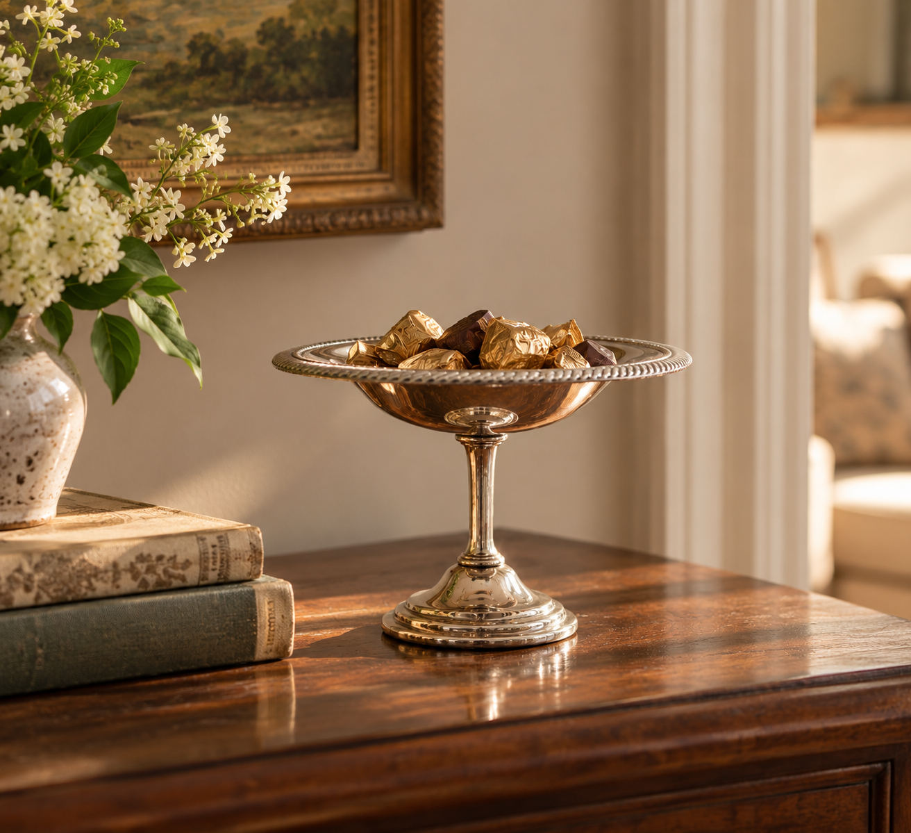 Golden Chocolates in Silver Compote.png