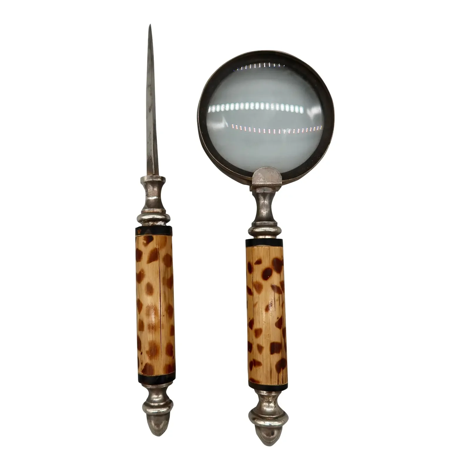 Antique French Bamboo and Silver Plate Desk Set — Magnifying Glass and Letter Opener, Late 19th / Early 20th Century