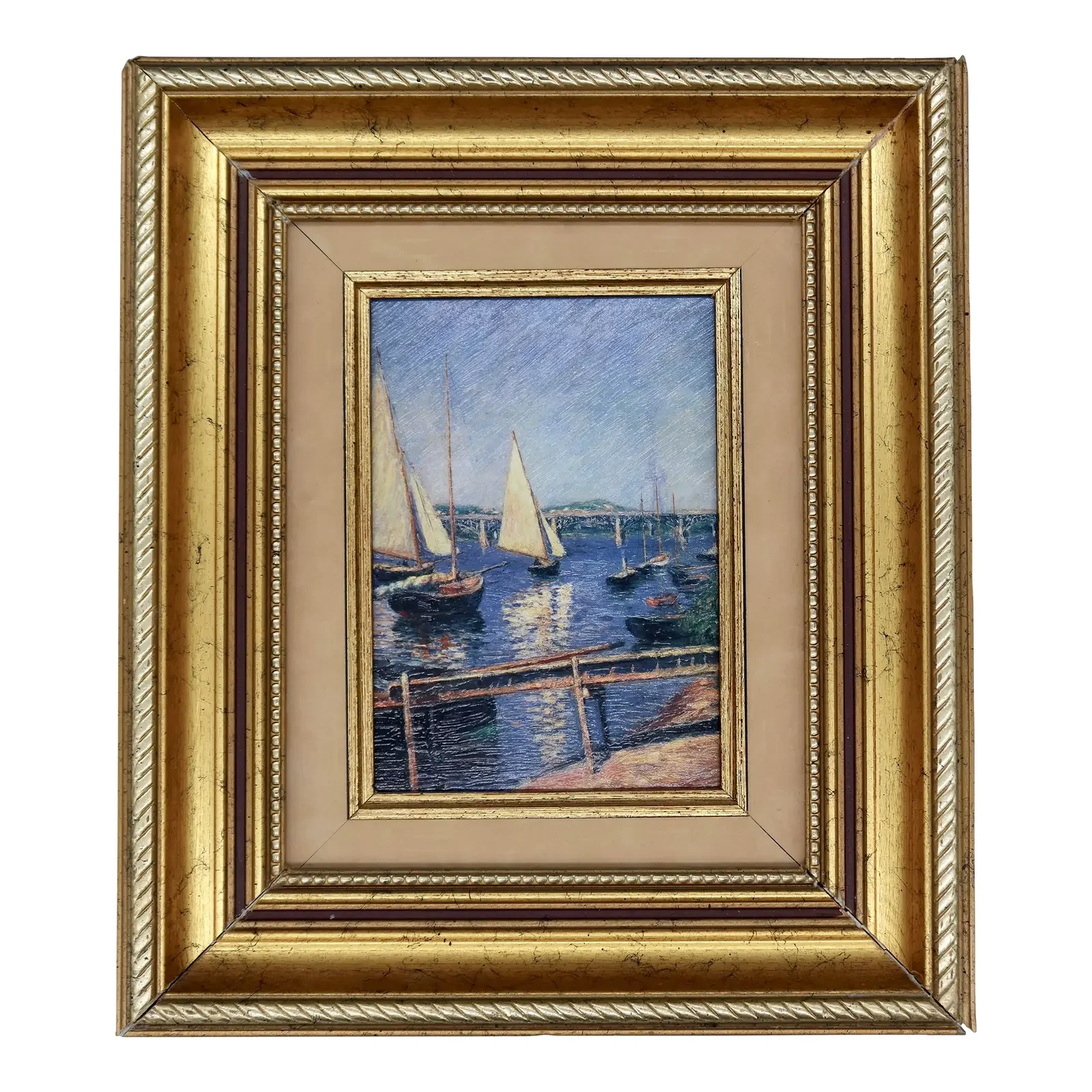 Vintage French Oil Painting on Canvas — Impressionist Style Harbor Scene With Sailboats, 20th Century