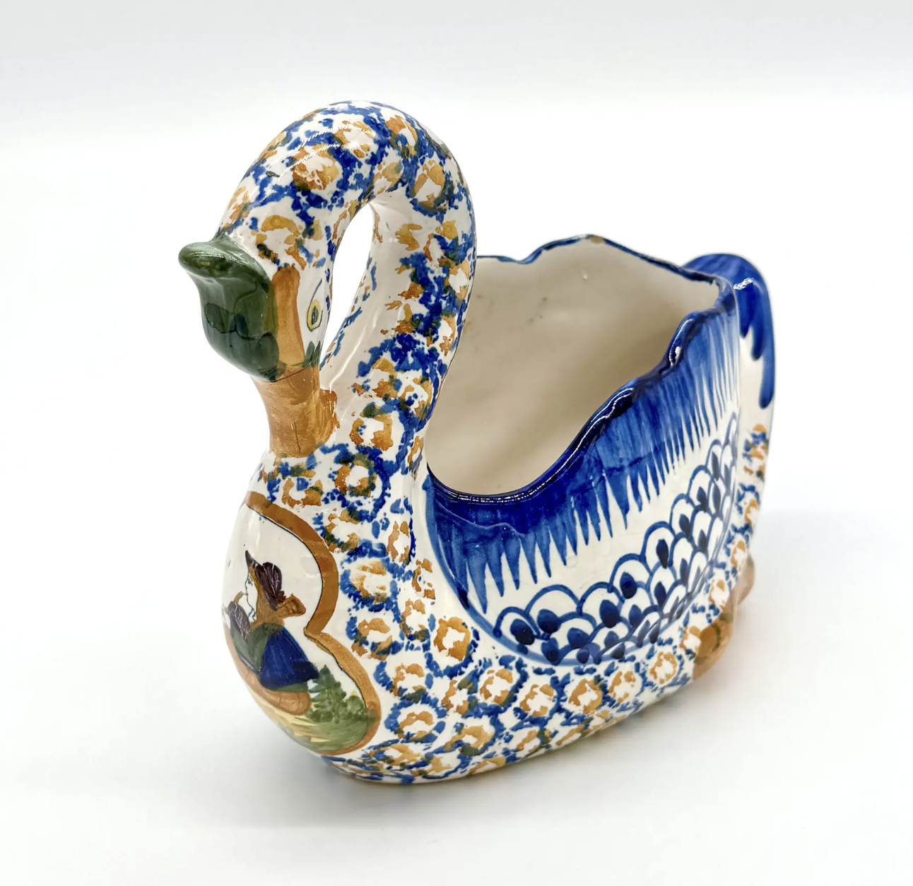 Antique Quimper Hand Painted Swan Jardiniere