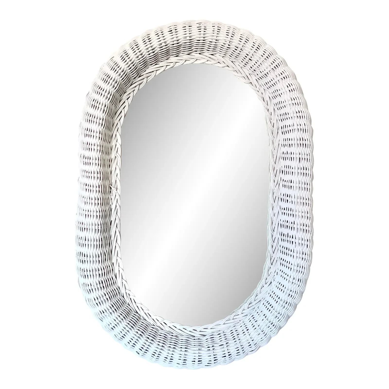Vintage White Wicker Oval Wall Mirror