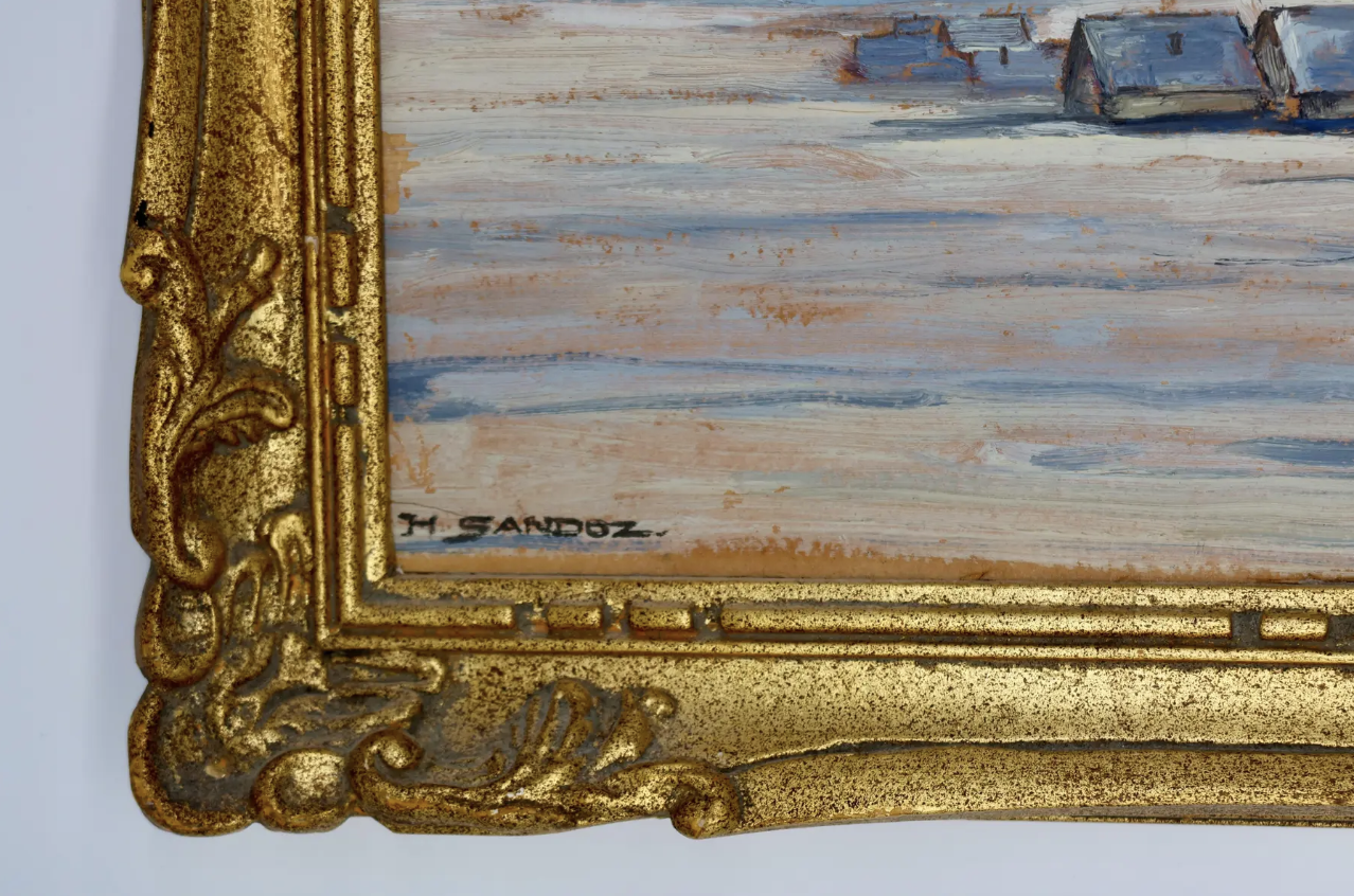 Original Swiss oil painting signed Henri Sandoz 1949, featuring a winter village scene. Located in Austin, Texas.