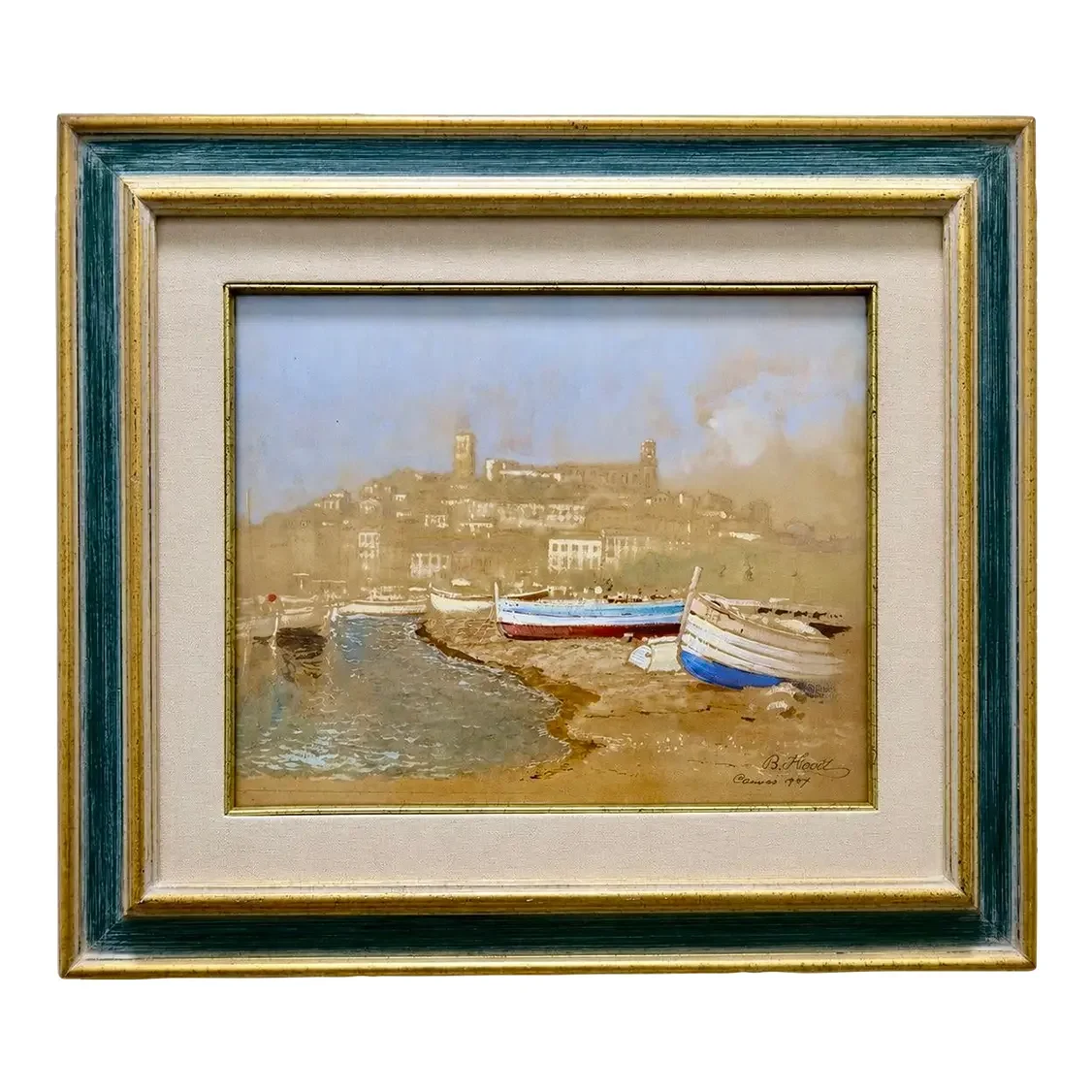 1937 Signed French Riviera Watercolor, Cannes Harbor Scene by B. Klodt
