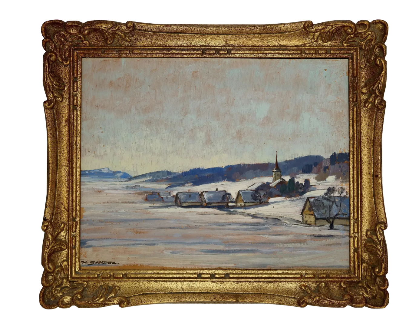 Swiss Oil Painting of Village Snow Scene