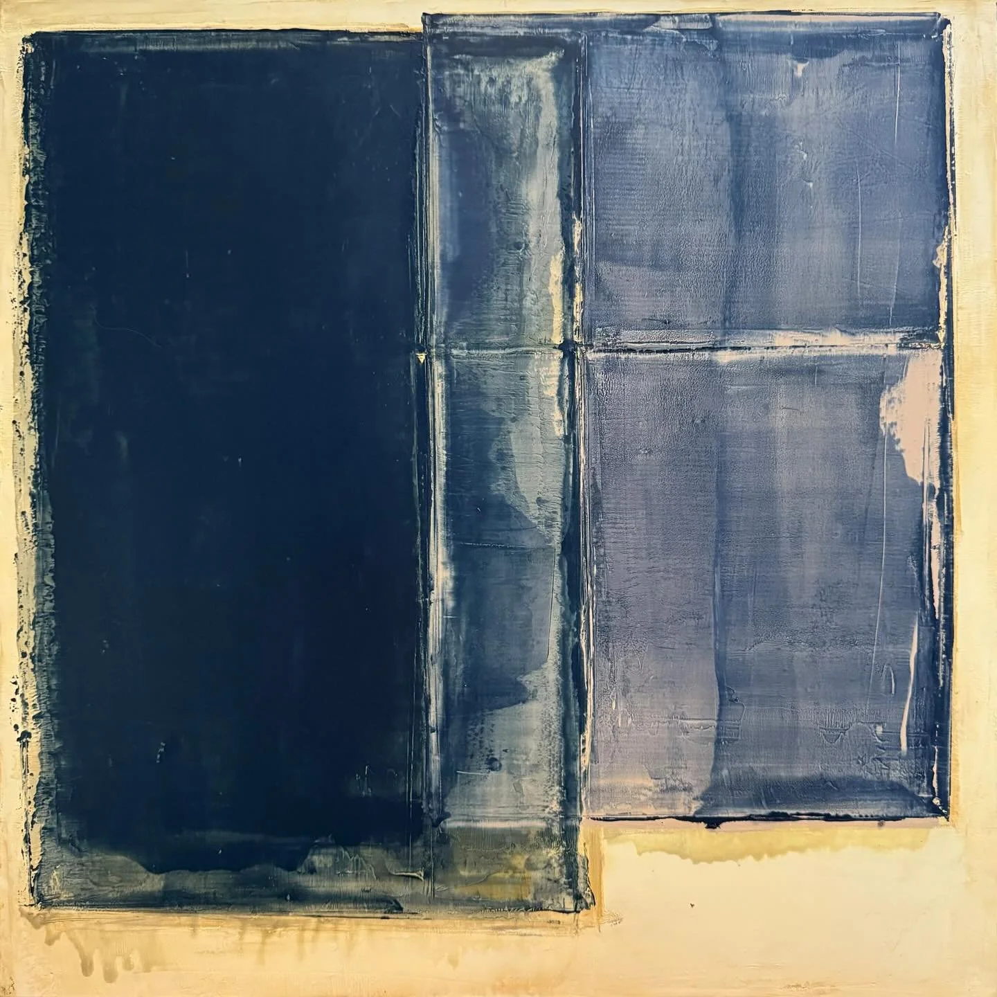 “Muted echo” 20x 20 oil and cold wax on wood panel. An exploration of layered blue shades, invoking a sense of mystery and depth. Captivating and tranquil.