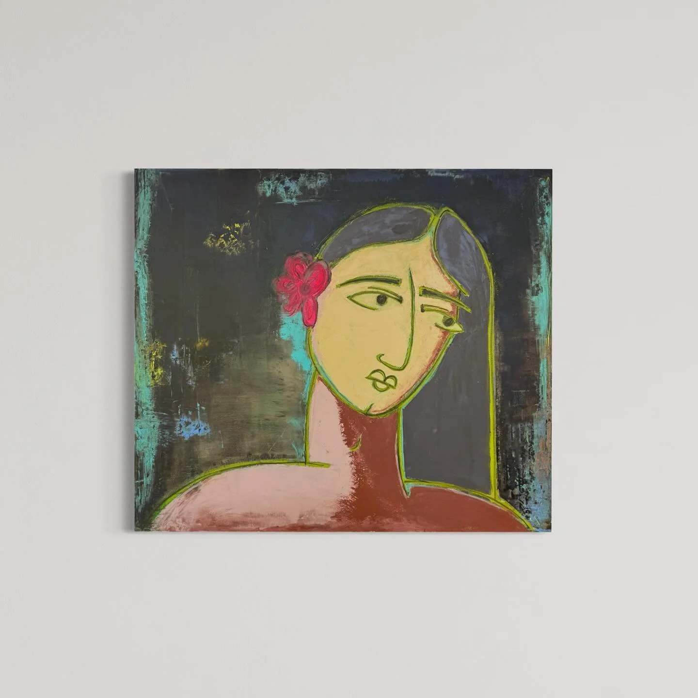 A gaze. A bloom. A moment in between. 🌸
“Between Gaze and Bloom”— 46” x 40” A steady gaze invites you to pause, reflect, and lean into the silence between beauty and longing. Created in oil and cold wax, its surface ca